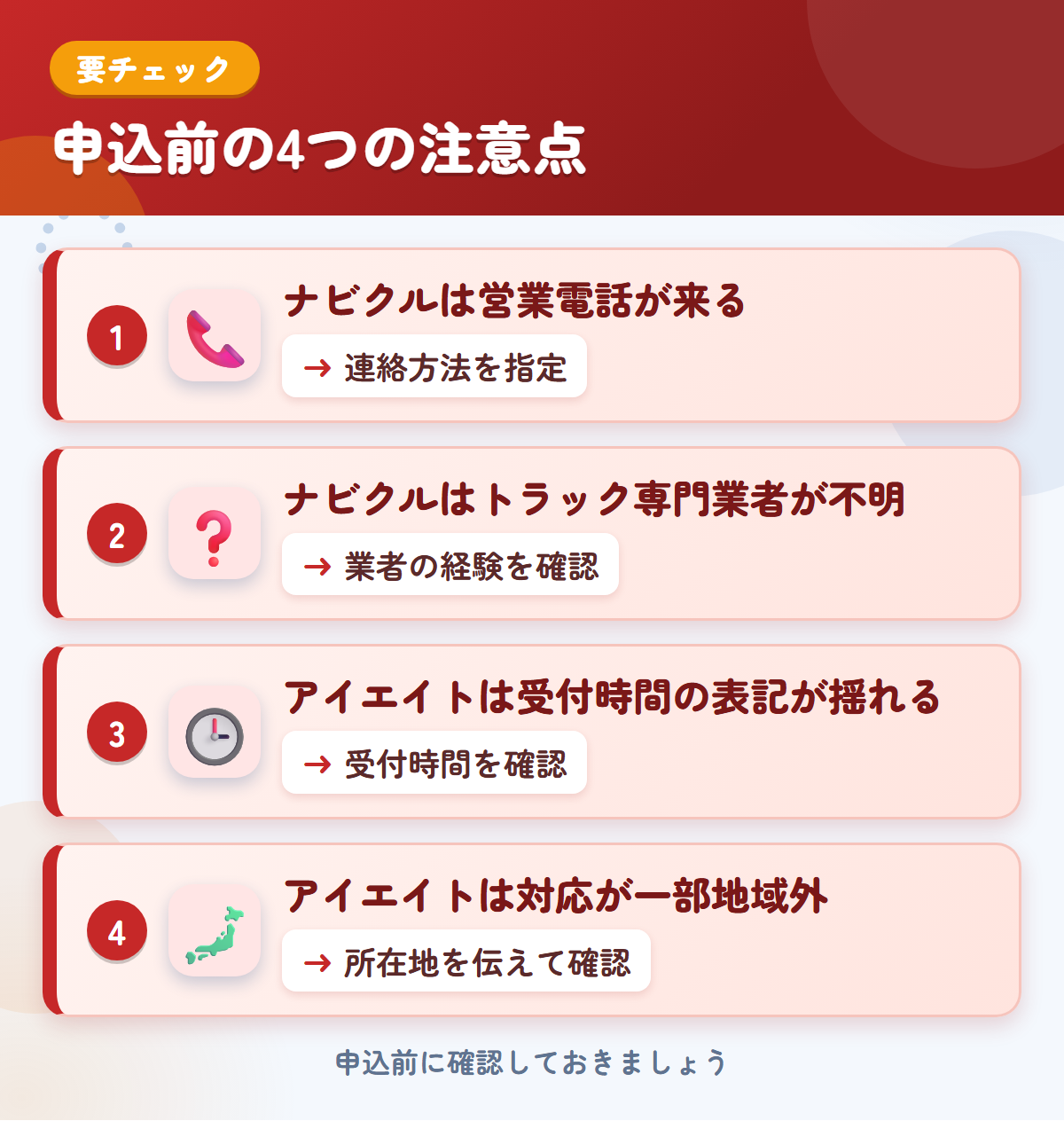 ナビクルとアイエイトの申込前の注意点4つ。ナビクルは営業電話が来る、ナビクルはトラック専門業者が不明、アイエイトは受付時間の表記が揺れる、アイエイトは対応が一部地域外