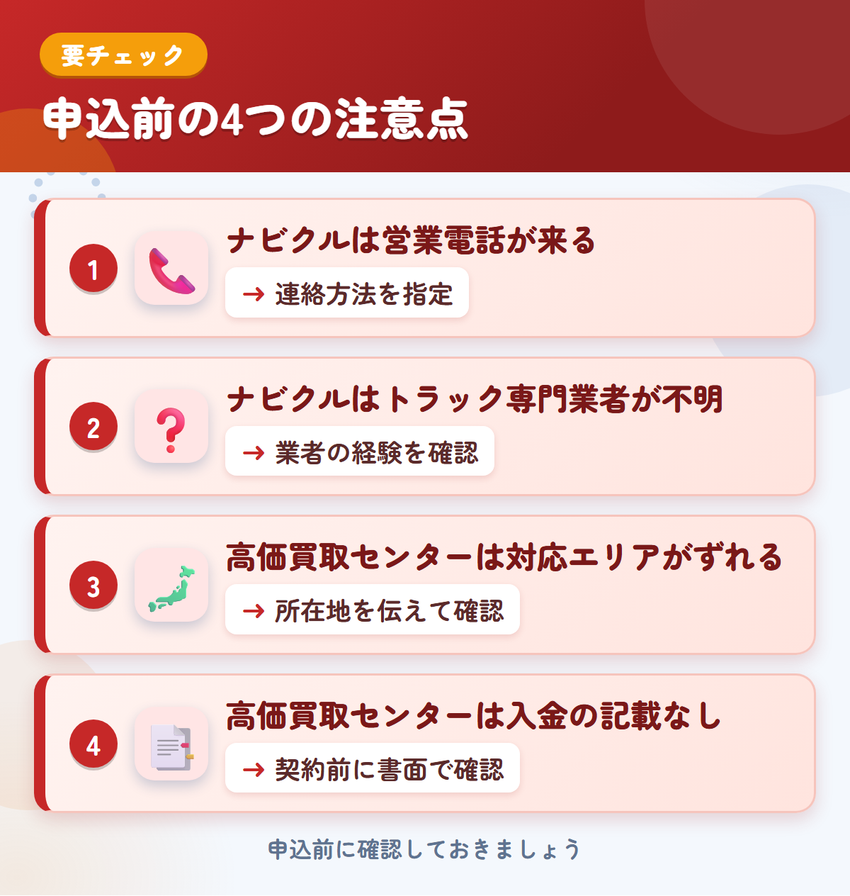 ナビクルと高価買取センターの申込前の注意点4つ。ナビクルは営業電話が来る、ナビクルはトラック専門業者が不明、高価買取センターは対応エリアがずれる、高価買取センターは入金の記載なし