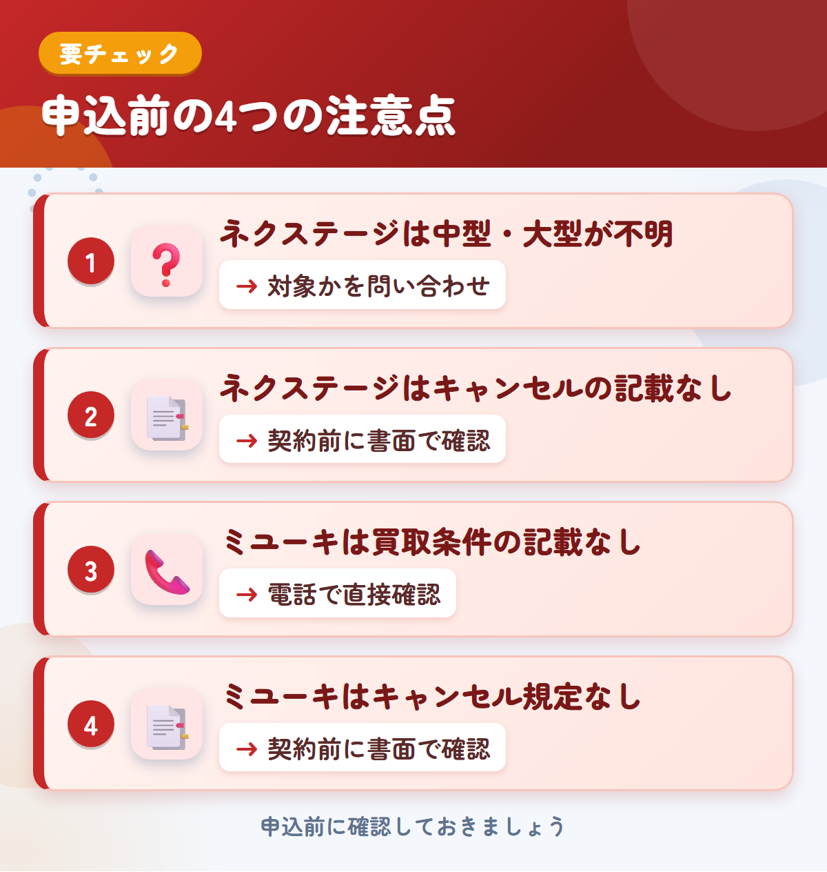 ネクステージとミユーキの申込前の注意点4つ。ネクステージは中型・大型が不明、ネクステージはキャンセルの記載なし、ミユーキは買取条件の記載なし、ミユーキはキャンセル規定なし