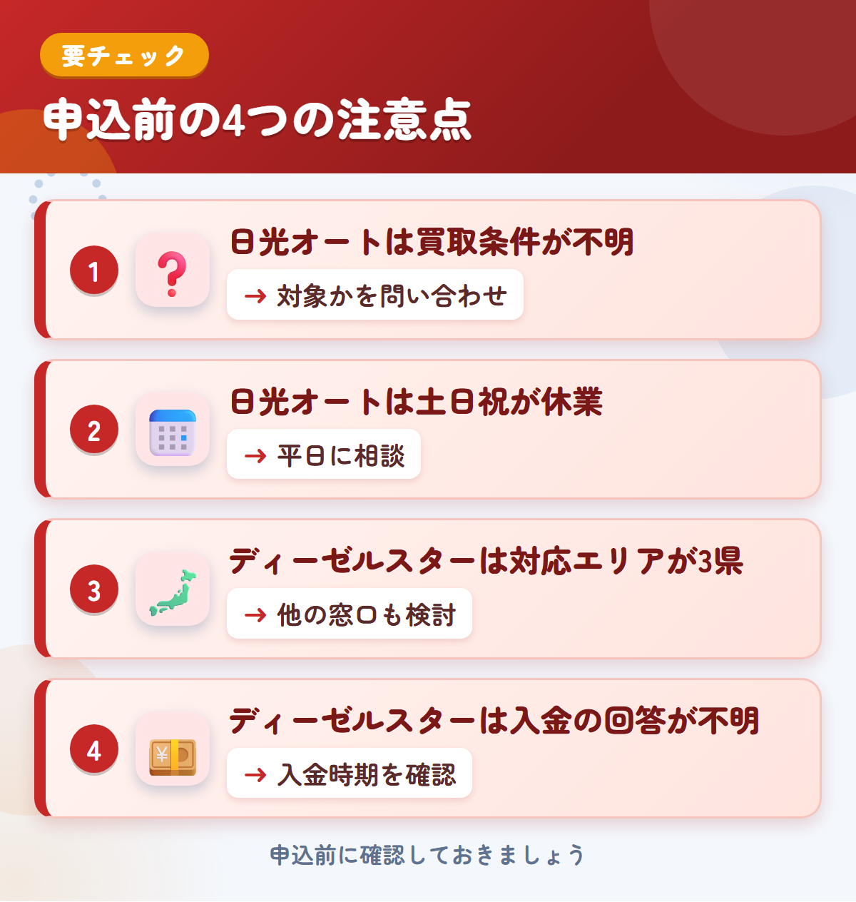 日光オートとディーゼルスターの申込前の注意点4つ。日光オートは買取条件が不明、日光オートは土日祝が休業、ディーゼルスターは対応エリアが3県、ディーゼルスターは入金の回答が不明