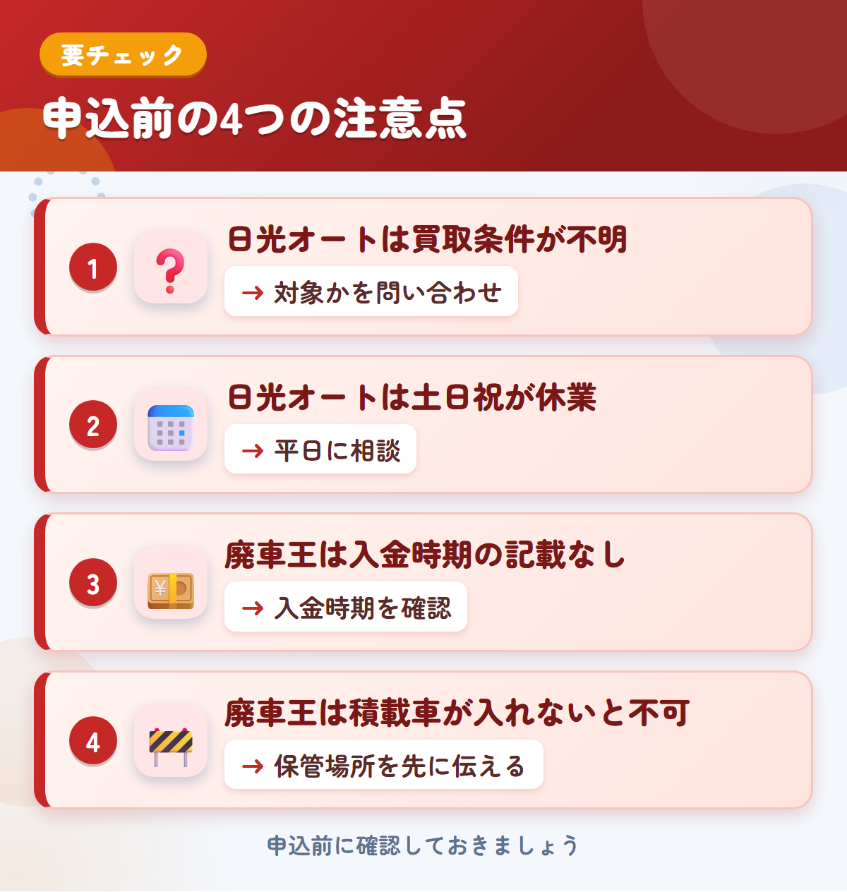 日光オートと廃車王の申込前の注意点4つ。日光オートは買取条件が不明、日光オートは土日祝が休業、廃車王は入金時期の記載なし、廃車王は積載車が入れないと不可
