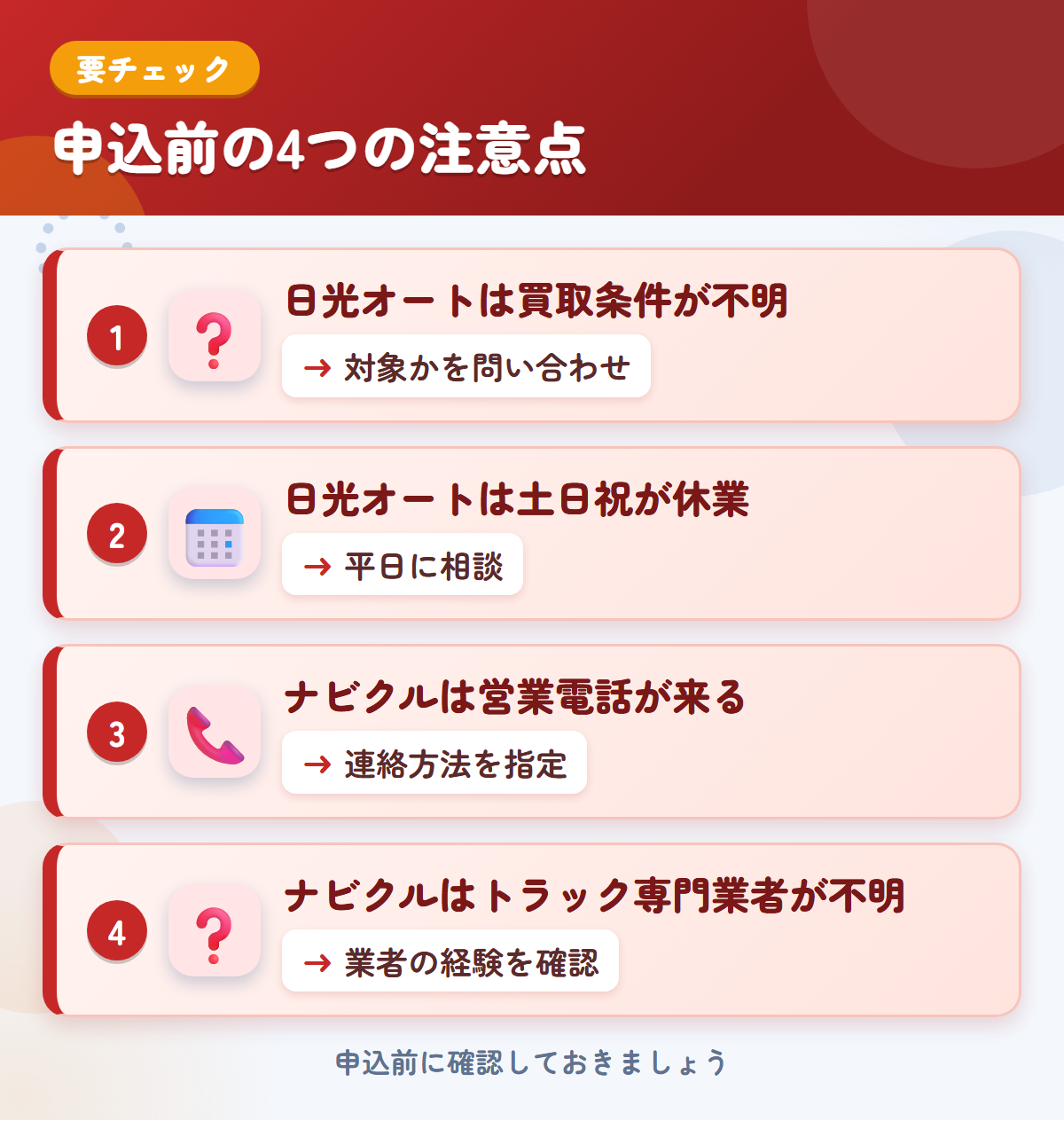 日光オートとナビクルの申込前の注意点4つ。日光オートは買取条件が不明、日光オートは土日祝が休業、ナビクルは営業電話が来る、ナビクルはトラック専門業者が不明