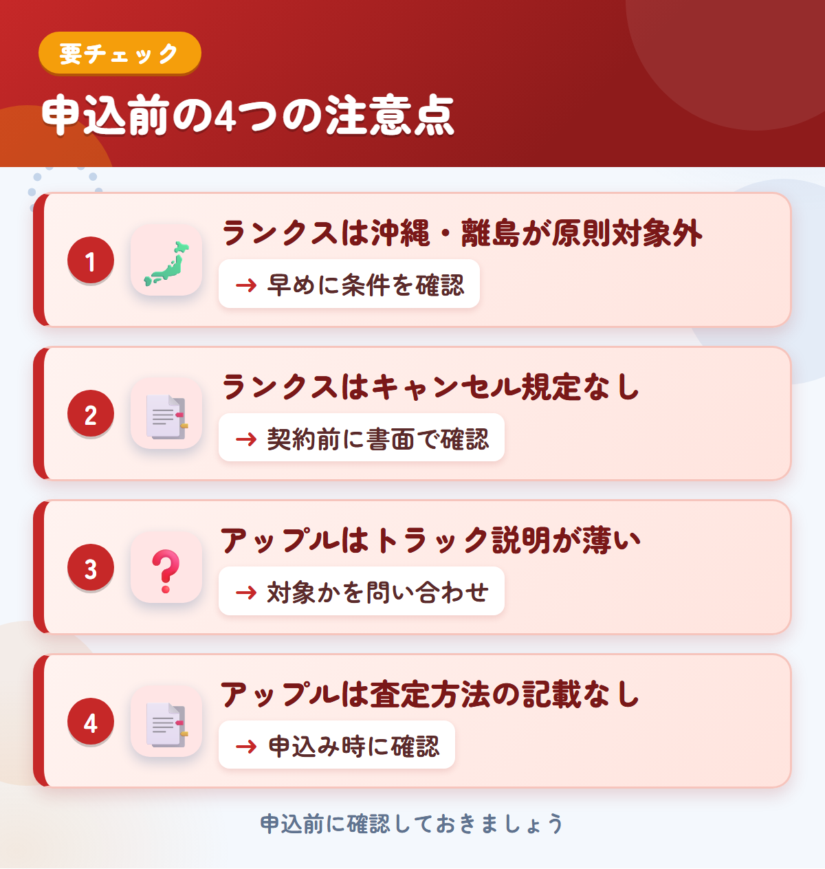 ランクスとアップルの申込前の注意点4つ。ランクスは沖縄・離島が原則対象外、ランクスはキャンセル規定なし、アップルはトラック説明が薄い、アップルは査定方法の記載なし
