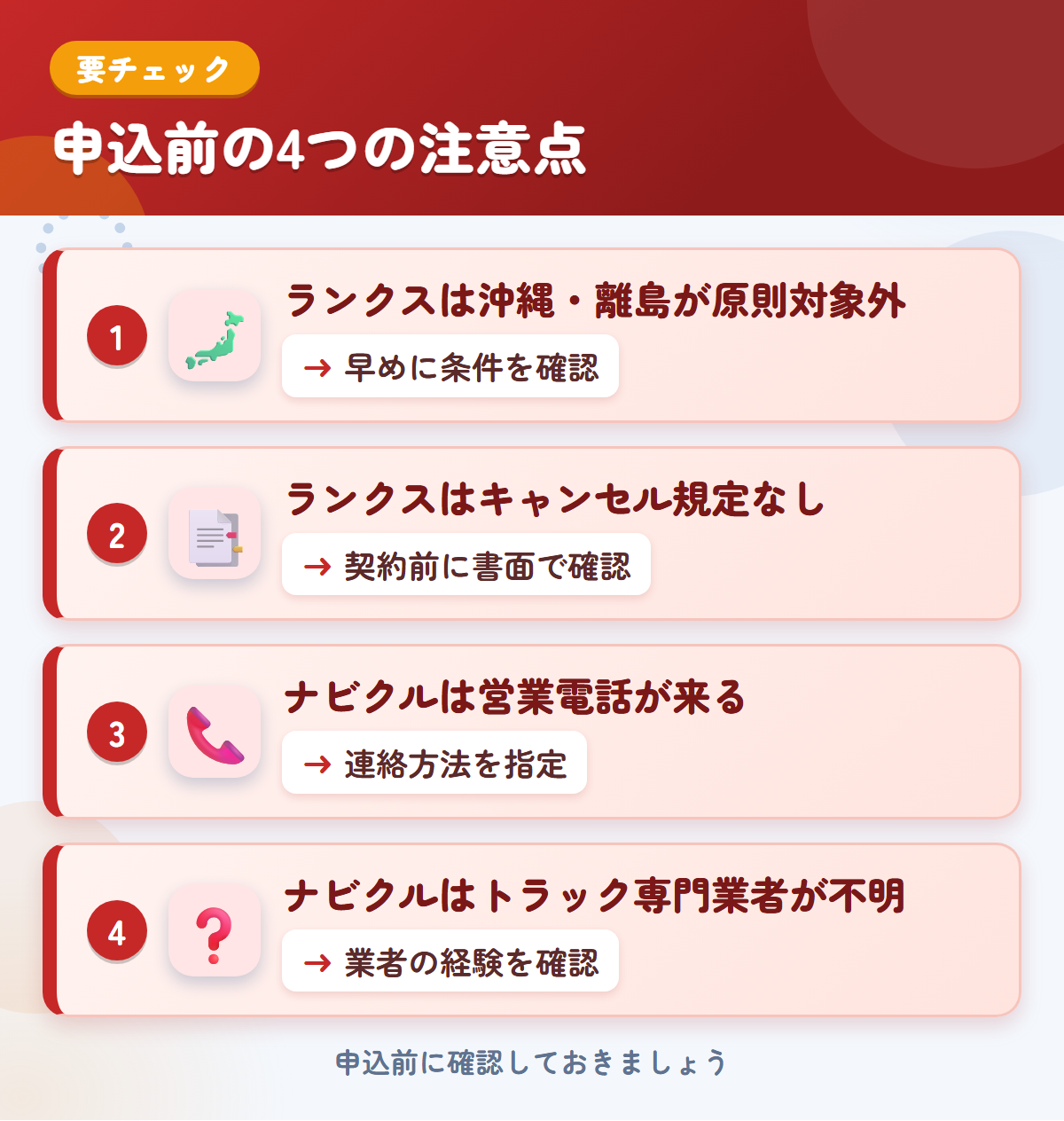ランクスとナビクルの申込前の注意点4つ。ランクスは沖縄・離島が原則対象外、ランクスはキャンセル規定なし、ナビクルは営業電話が来る、ナビクルはトラック専門業者が不明
