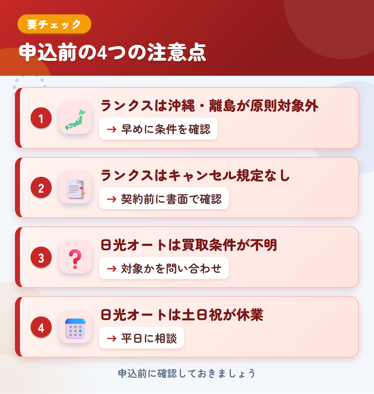 ランクスと日光オートの申込前の注意点4つ。ランクスは沖縄・離島が原則対象外、ランクスはキャンセル規定なし、日光オートは買取条件が不明、日光オートは土日祝が休業