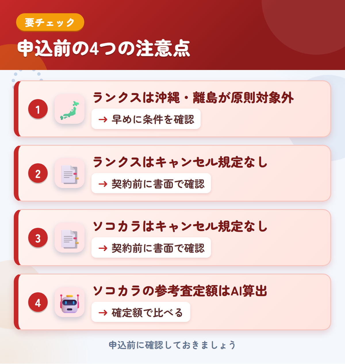 ランクスとソコカラの申込前の注意点4つ。ランクスは沖縄・離島が原則対象外、ランクスはキャンセル規定なし、ソコカラはキャンセル規定なし、ソコカラの参考査定額はAI算出