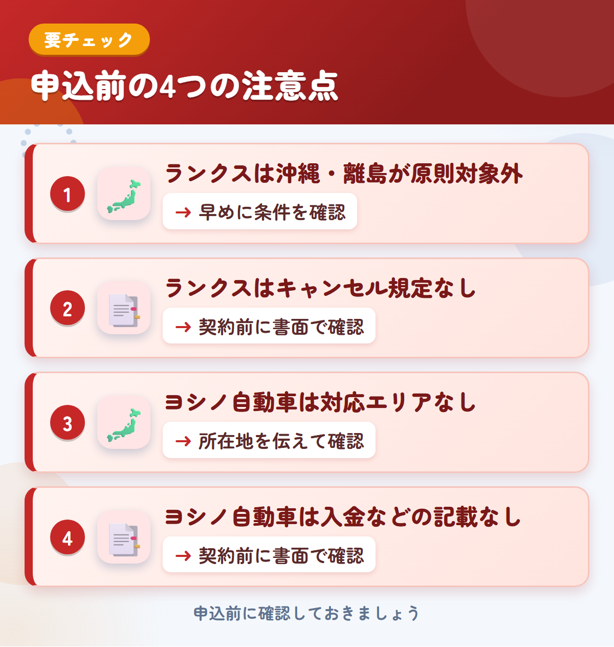 ランクスとヨシノ自動車の申込前の注意点4つ。ランクスは沖縄・離島が原則対象外、ランクスはキャンセル規定なし、ヨシノ自動車は対応エリアなし、ヨシノ自動車は入金などの記載なし
