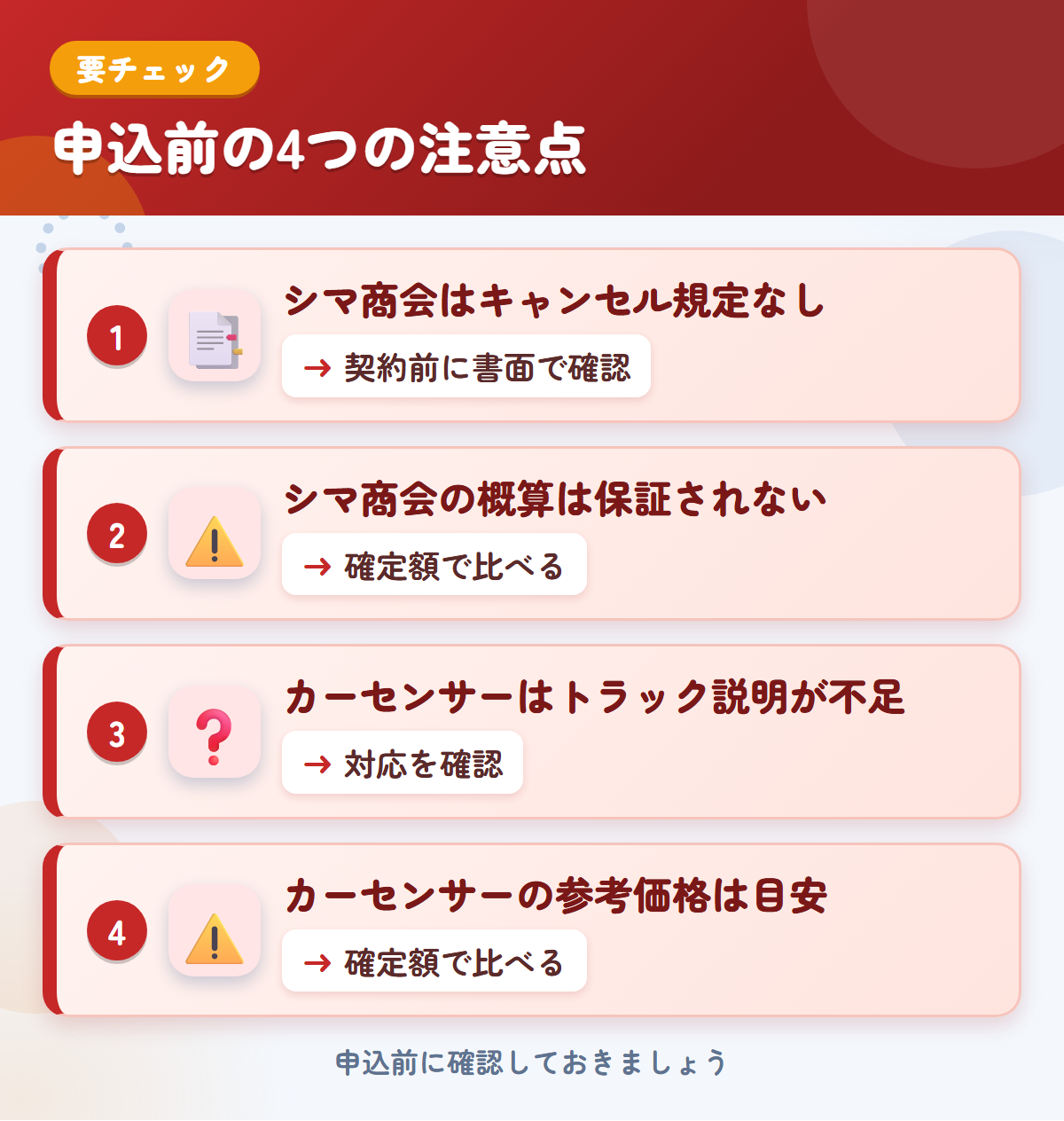 シマ商会とカーセンサーの申込前の注意点4つ。シマ商会はキャンセル規定なし、シマ商会の概算は保証されない、カーセンサーはトラック説明が不足、カーセンサーの参考価格は目安