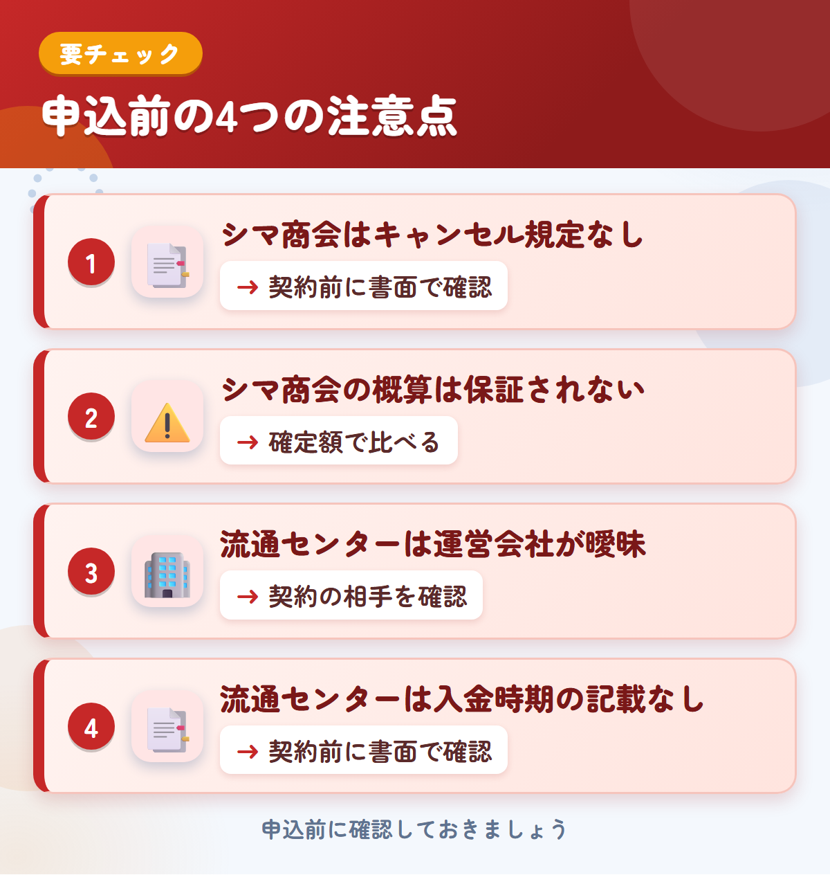 シマ商会と流通センターの申込前の注意点4つ。シマ商会はキャンセル規定なし、シマ商会の概算は保証されない、流通センターは運営会社が曖昧、流通センターは入金時期の記載なし