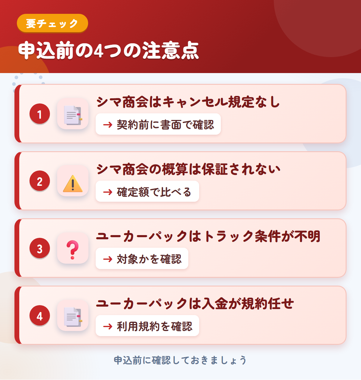 シマ商会とユーカーパックの申込前の注意点4つ。シマ商会はキャンセル規定なし、シマ商会の概算は保証されない、ユーカーパックはトラック条件が不明、ユーカーパックは入金が規約任せ
