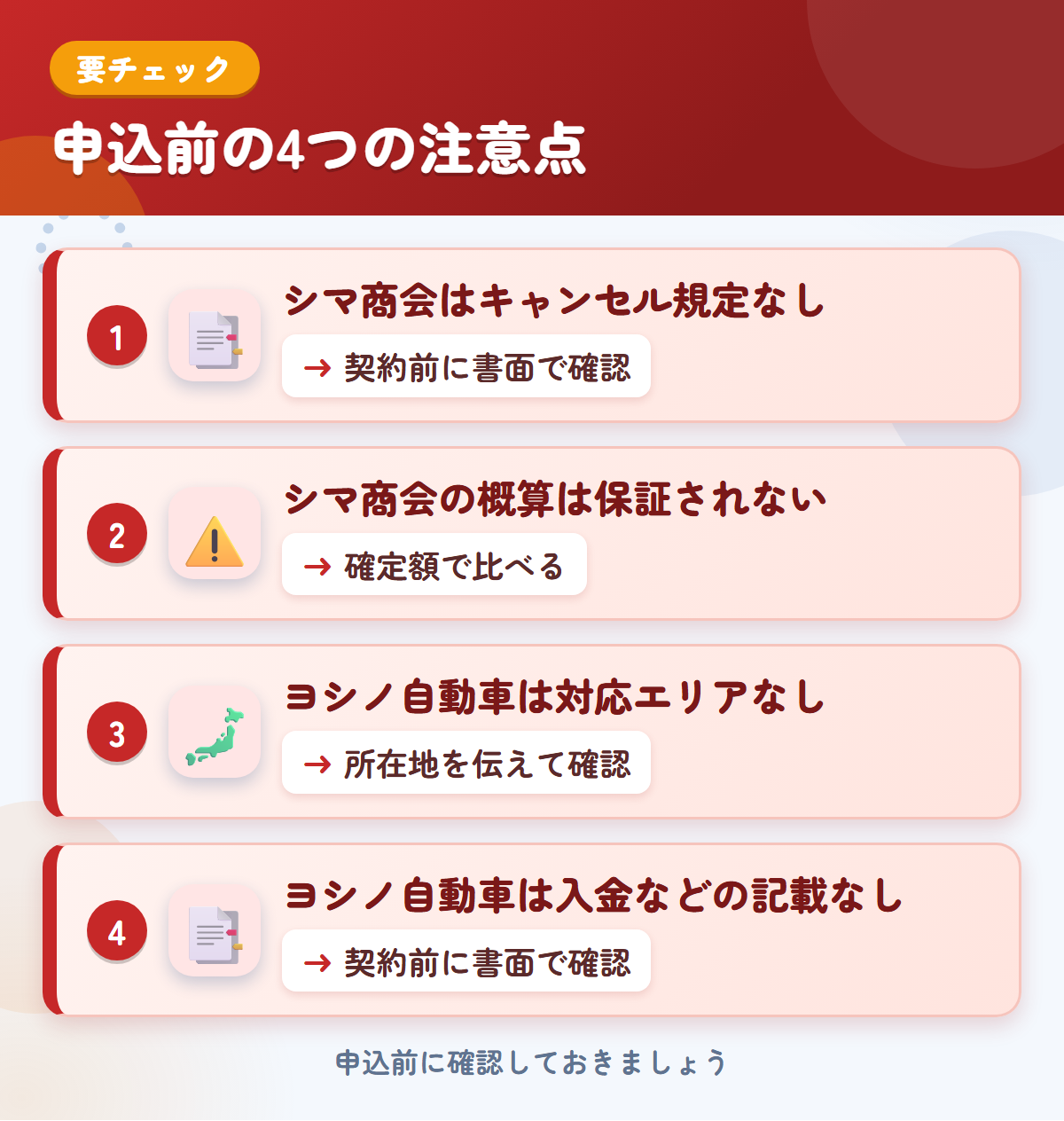 シマ商会とヨシノ自動車の申込前の注意点4つ。シマ商会はキャンセル規定なし、シマ商会の概算は保証されない、ヨシノ自動車は対応エリアなし、ヨシノ自動車は入金などの記載なし