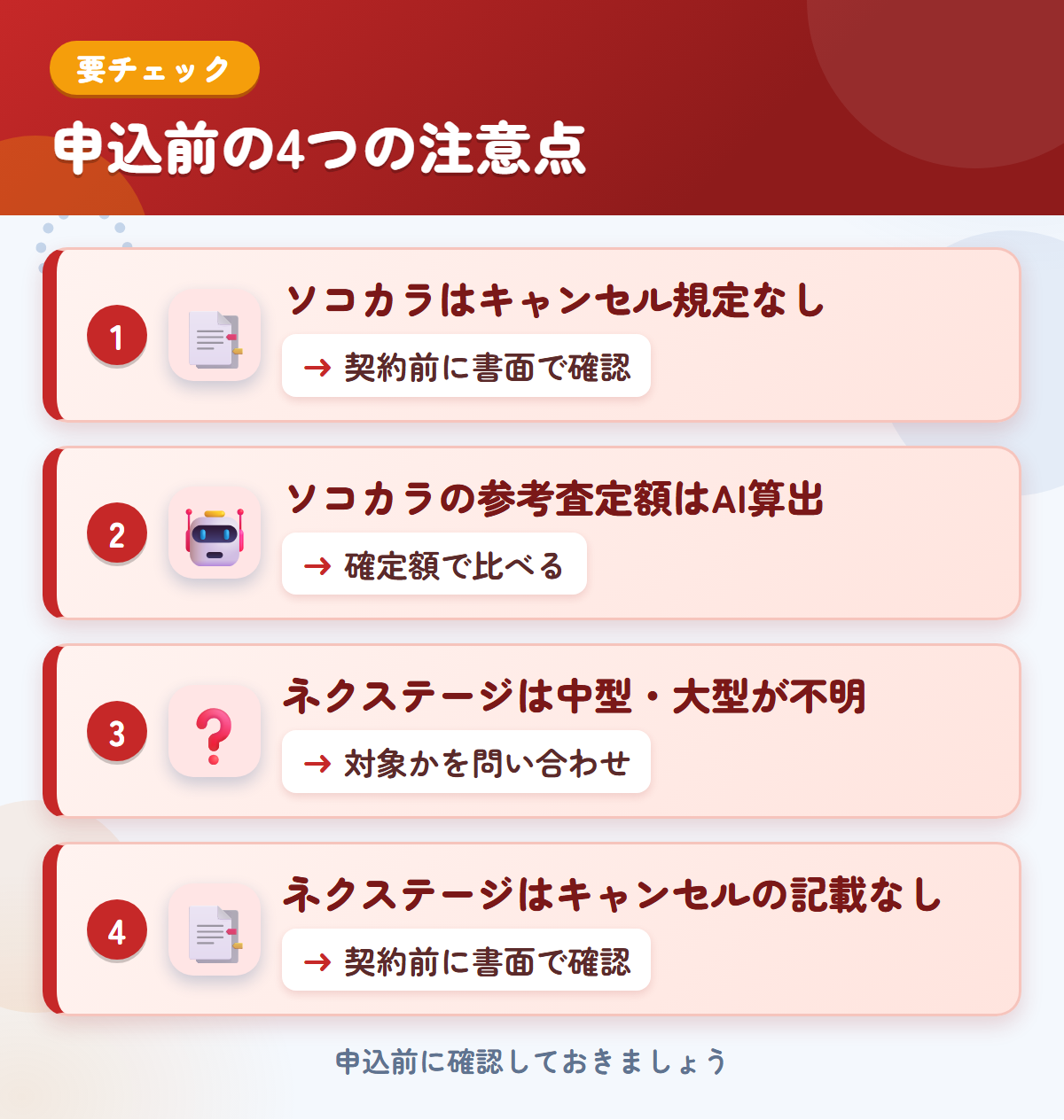 ソコカラとネクステージの申込前の注意点4つ。ソコカラはキャンセル規定なし、ソコカラの参考査定額はAI算出、ネクステージは中型・大型が不明、ネクステージはキャンセルの記載なし