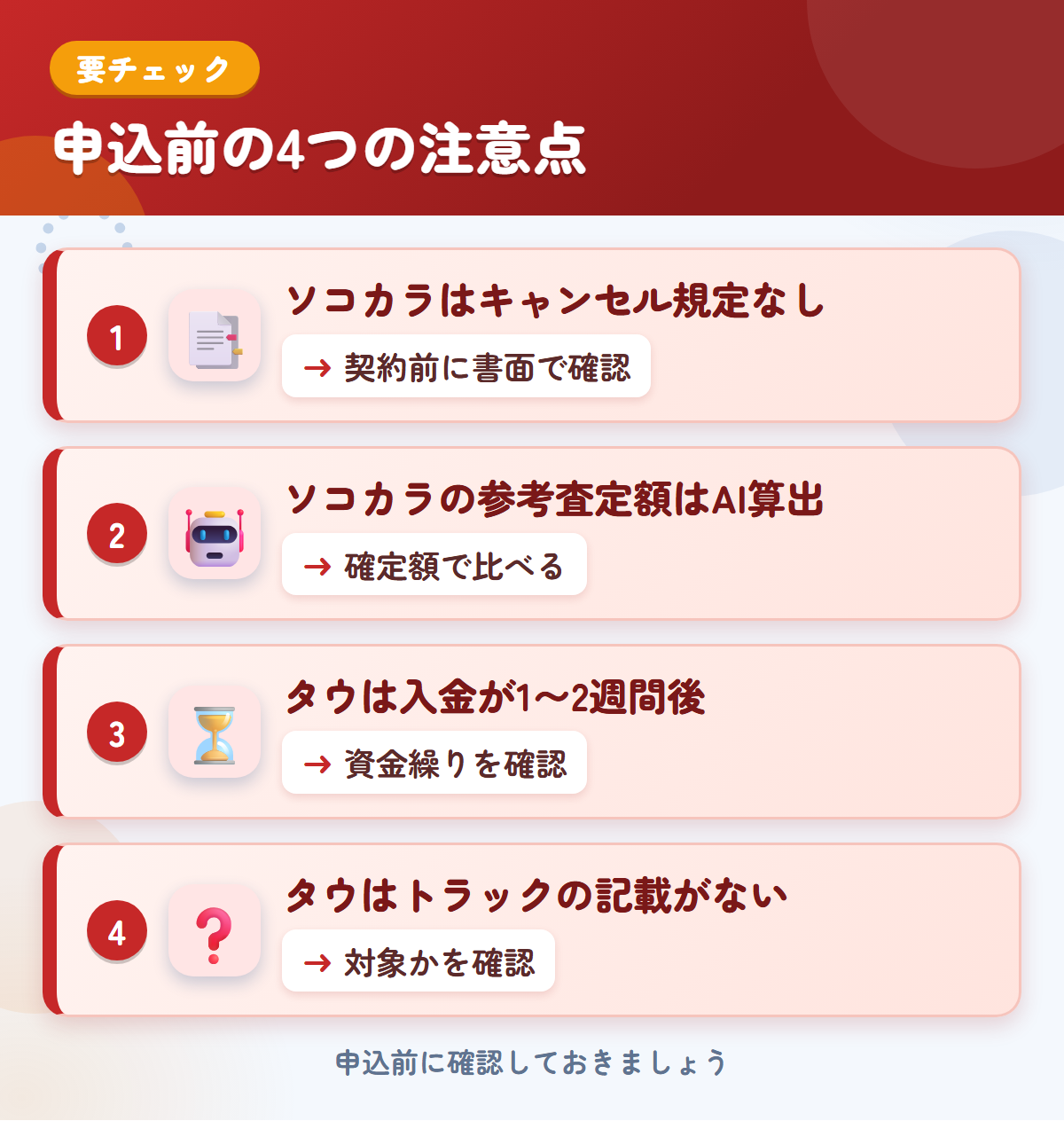 ソコカラとタウの申込前の注意点4つ。ソコカラはキャンセル規定なし、ソコカラの参考査定額はAI算出、タウは入金が1〜2週間後、タウはトラックの記載がない