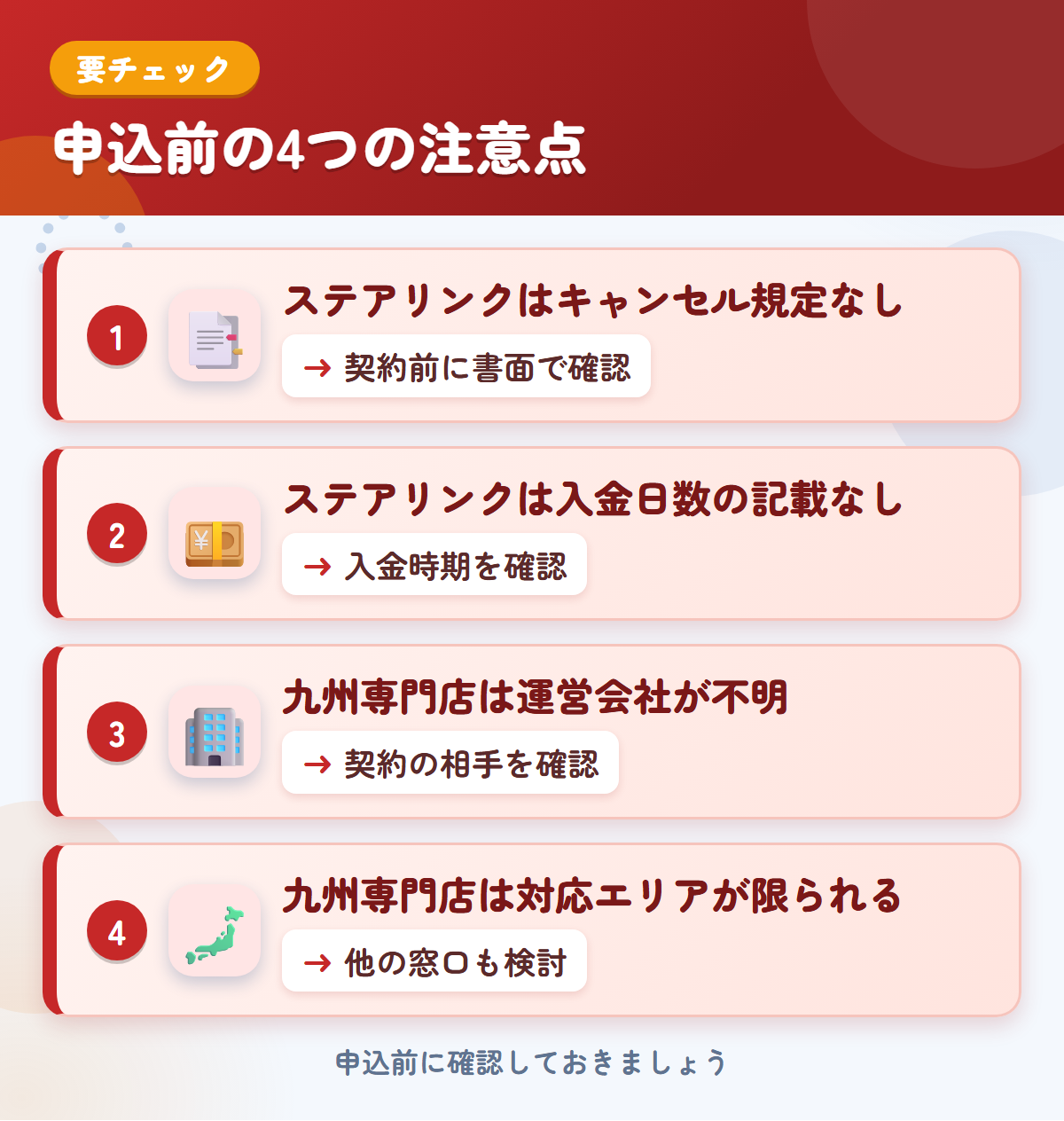 ステアリンクと九州専門店の申込前の注意点4つ。ステアリンクはキャンセル規定なし、ステアリンクは入金日数の記載なし、九州専門店は運営会社が不明、九州専門店は対応エリアが限られる