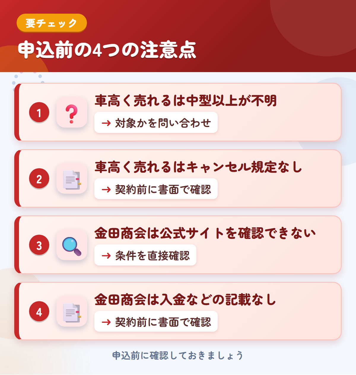 車高く売れると金田商会の申込前の注意点4つ。車高く売れるは中型以上が不明、車高く売れるはキャンセル規定なし、金田商会は公式サイトを確認できない、金田商会は入金などの記載なし