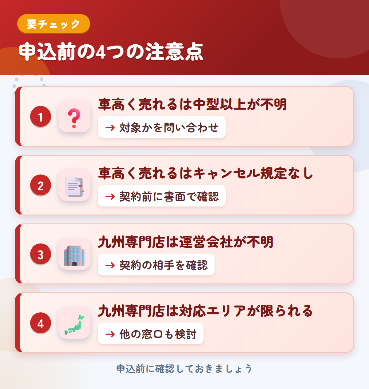 車高く売れると九州専門店の申込前の注意点4つ。車高く売れるは中型以上が不明、車高く売れるはキャンセル規定なし、九州専門店は運営会社が不明、九州専門店は対応エリアが限られる