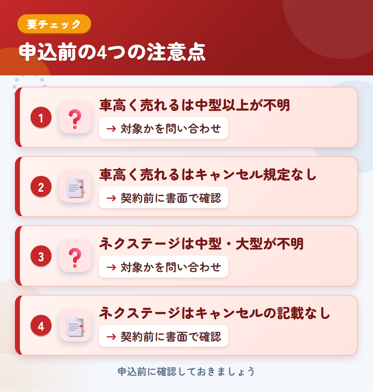 車高く売れるとネクステージの申込前の注意点4つ。車高く売れるは中型以上が不明、車高く売れるはキャンセル規定なし、ネクステージは中型・大型が不明、ネクステージはキャンセルの記載なし