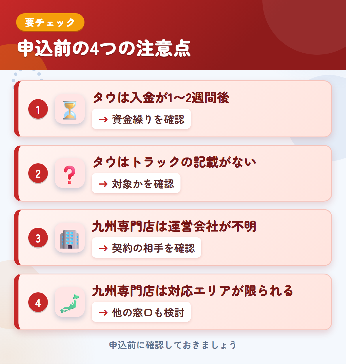 タウと九州専門店の申込前の注意点4つ。タウは入金が1〜2週間後、タウはトラックの記載がない、九州専門店は運営会社が不明、九州専門店は対応エリアが限られる