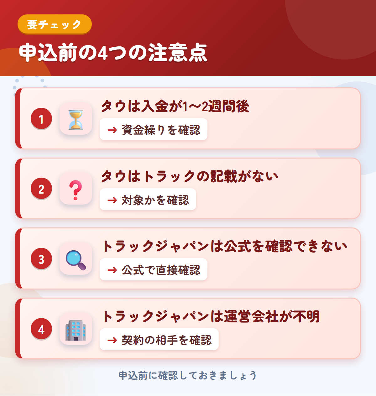 タウとトラックジャパンの申込前の注意点4つ。タウは入金が1〜2週間後、タウはトラックの記載がない、トラックジャパンは公式を確認できない、トラックジャパンは運営会社が不明