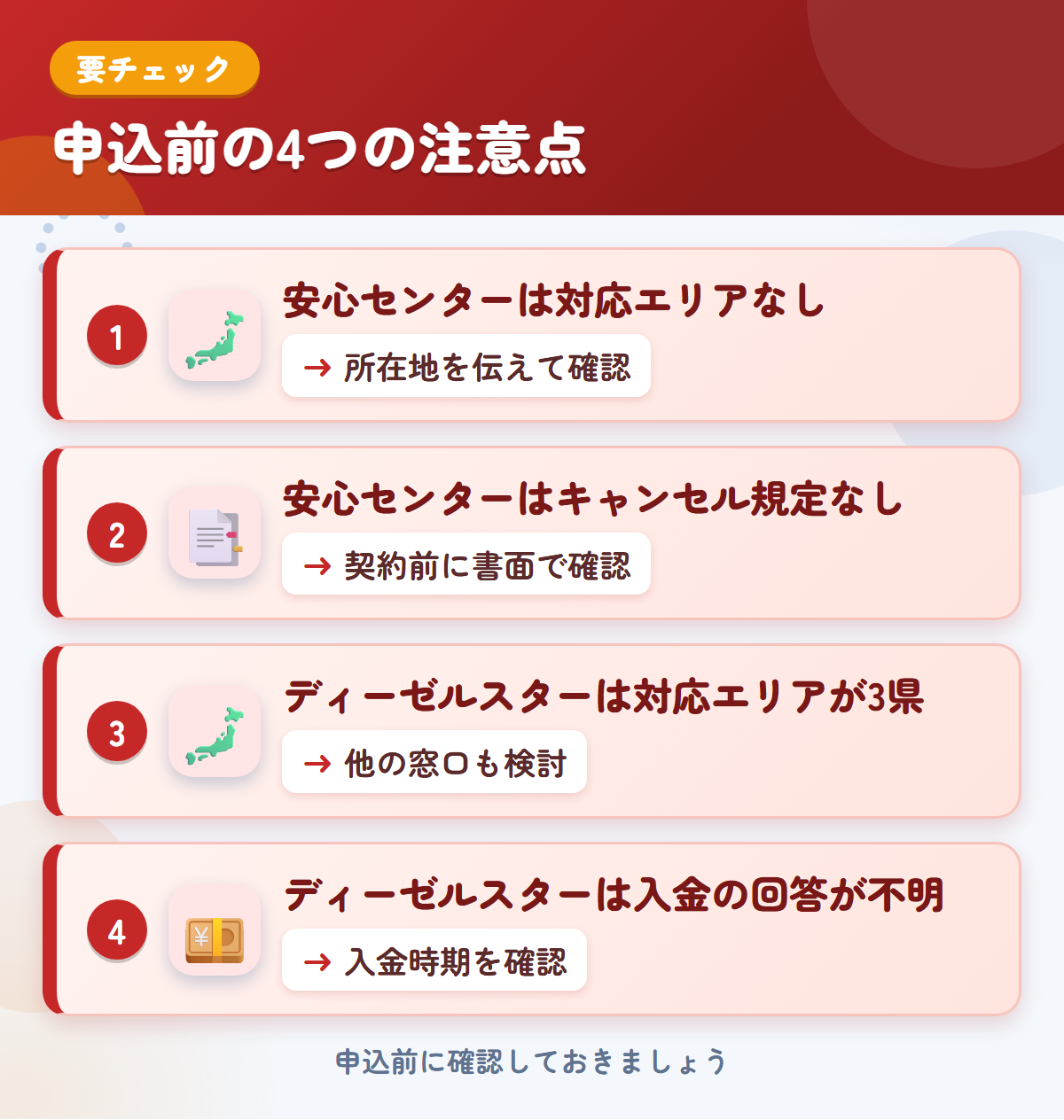 安心センターとディーゼルスターの申込前の注意点4つ。安心センターは対応エリアなし、安心センターはキャンセル規定なし、ディーゼルスターは対応エリアが3県、ディーゼルスターは入金の回答が不明