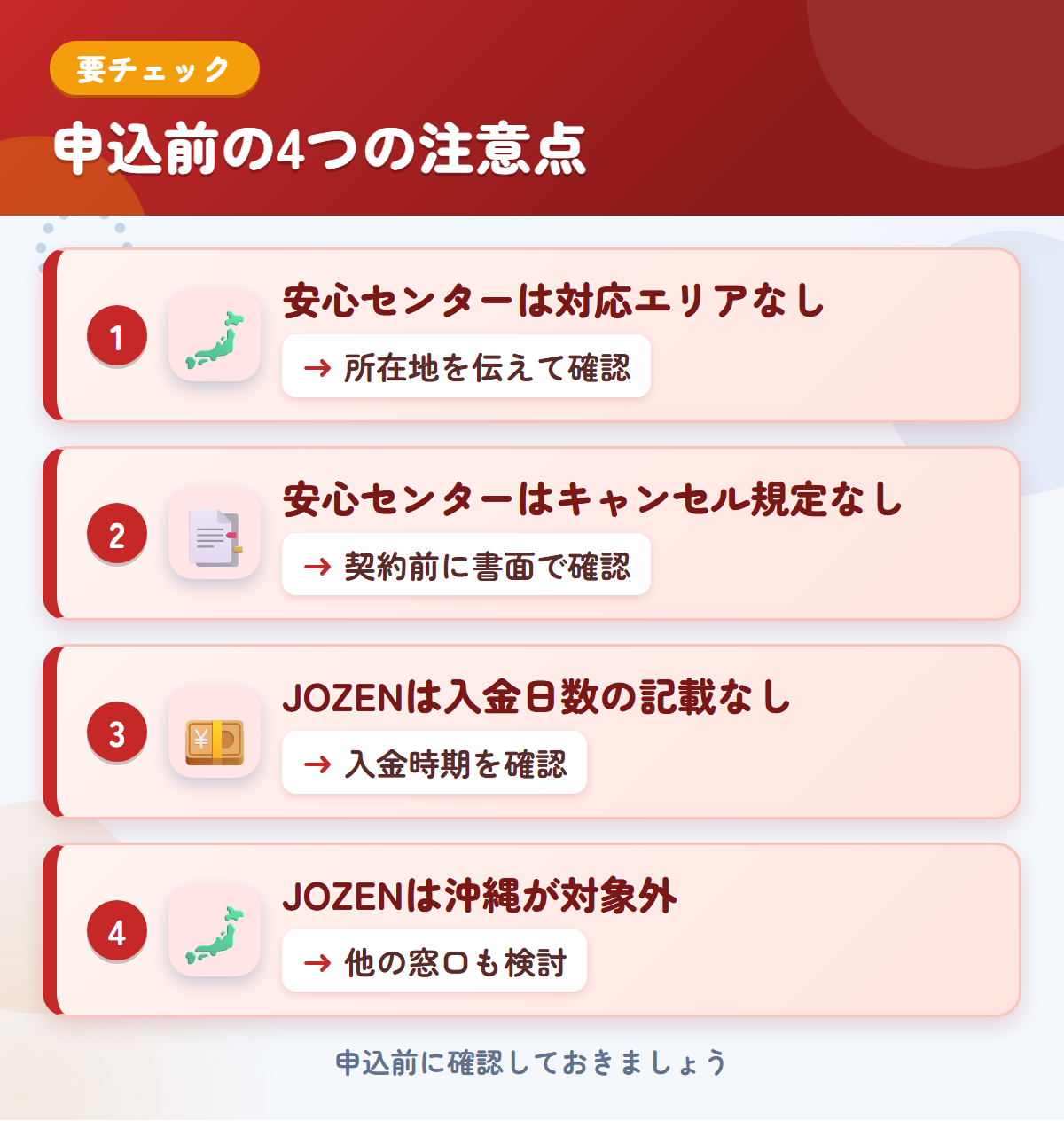 安心センターとJOZENの申込前の注意点4つ。安心センターは対応エリアなし、安心センターはキャンセル規定なし、JOZENは入金日数の記載なし、JOZENは沖縄が対象外