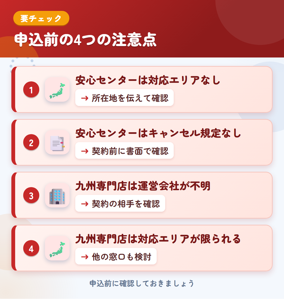 安心センターと九州専門店の申込前の注意点4つ。安心センターは対応エリアなし、安心センターはキャンセル規定なし、九州専門店は運営会社が不明、九州専門店は対応エリアが限られる