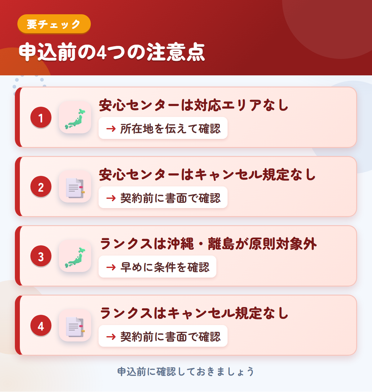 安心センターとランクスの申込前の注意点4つ。安心センターは対応エリアなし、安心センターはキャンセル規定なし、ランクスは沖縄・離島が原則対象外、ランクスはキャンセル規定なし