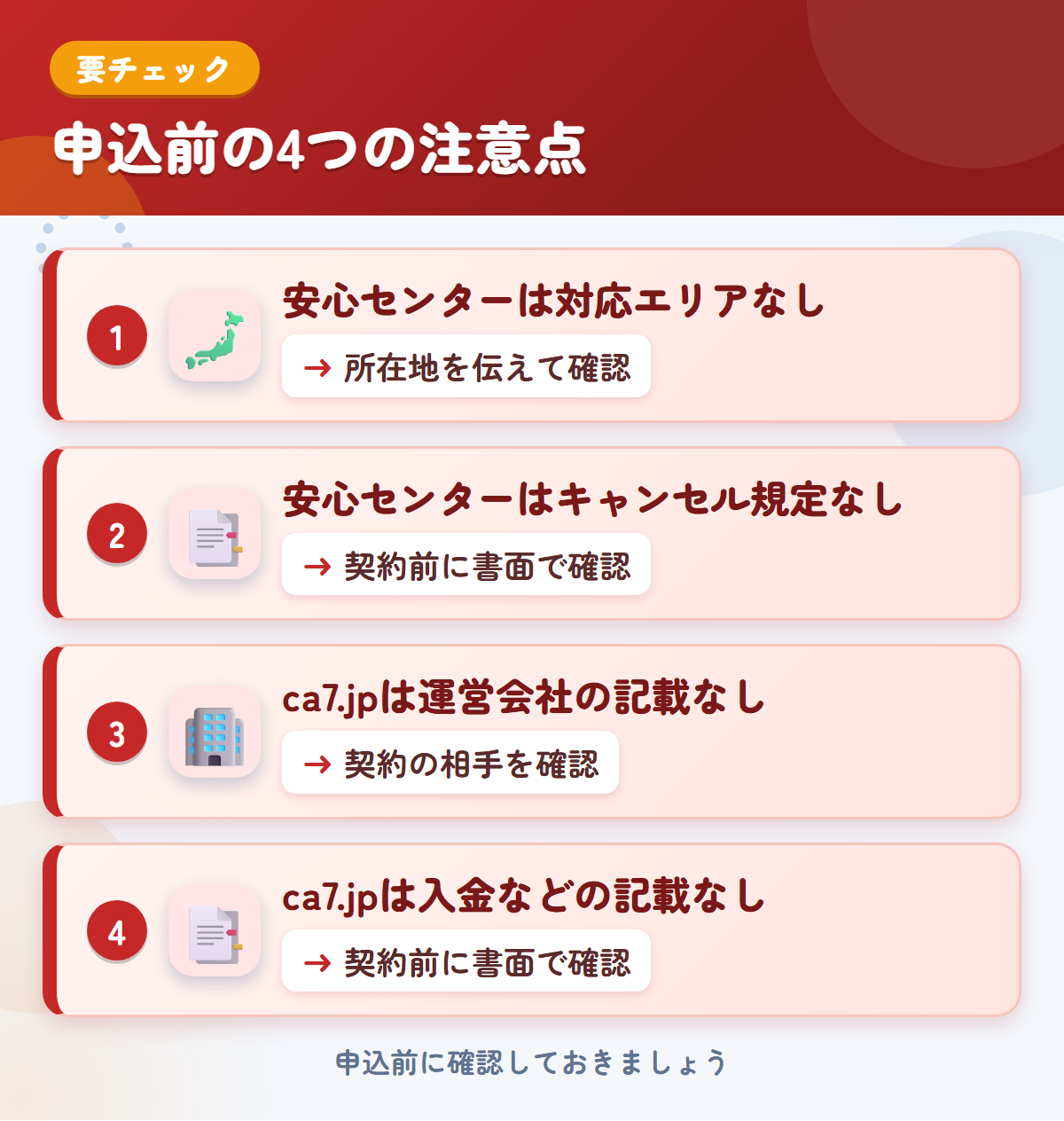 安心センターとca7.jpの申込前の注意点4つ。安心センターは対応エリアなし、安心センターはキャンセル規定なし、ca7.jpは運営会社の記載なし、ca7.jpは入金などの記載なし