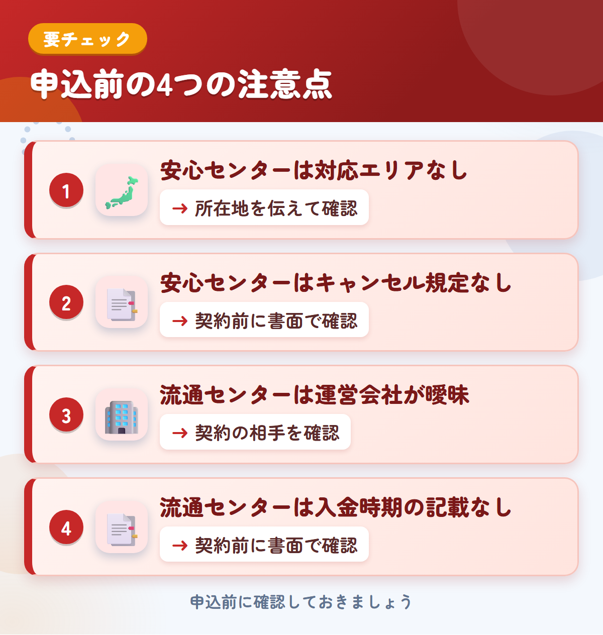 安心センターと流通センターの申込前の注意点4つ。安心センターは対応エリアなし、安心センターはキャンセル規定なし、流通センターは運営会社が曖昧、流通センターは入金時期の記載なし