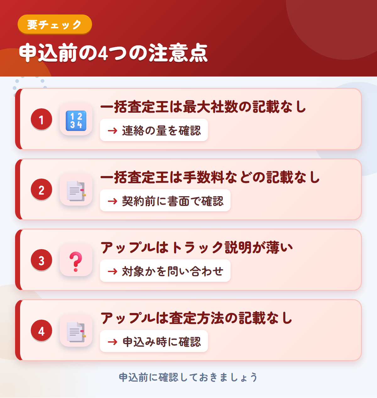 一括査定王とアップルの申込前の注意点4つ。一括査定王は最大社数の記載なし、一括査定王は手数料などの記載なし、アップルはトラック説明が薄い、アップルは査定方法の記載なし