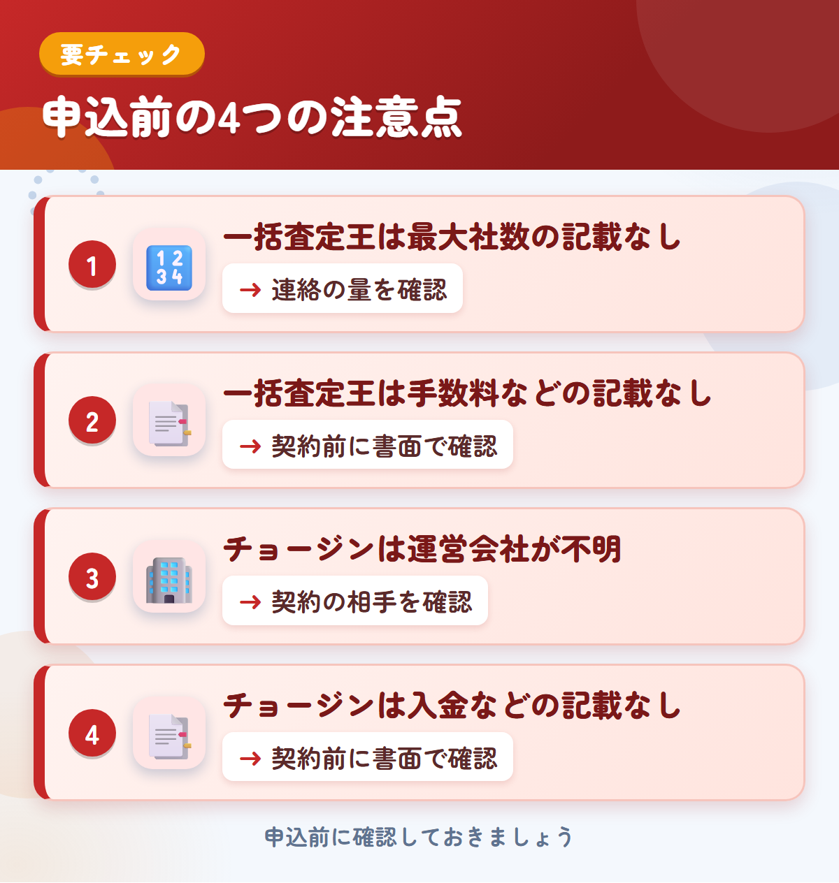 一括査定王とチョージンの申込前の注意点4つ。一括査定王は最大社数の記載なし、一括査定王は手数料などの記載なし、チョージンは運営会社が不明、チョージンは入金などの記載なし