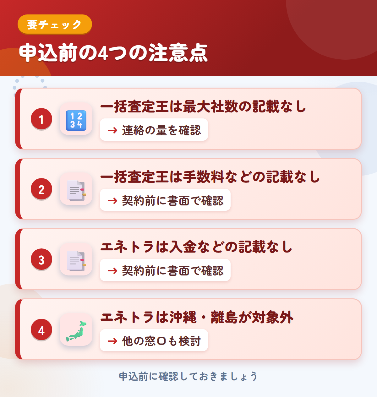 一括査定王とエネトラの申込前の注意点4つ。一括査定王は最大社数の記載なし、一括査定王は手数料などの記載なし、エネトラは入金などの記載なし、エネトラは沖縄・離島が対象外