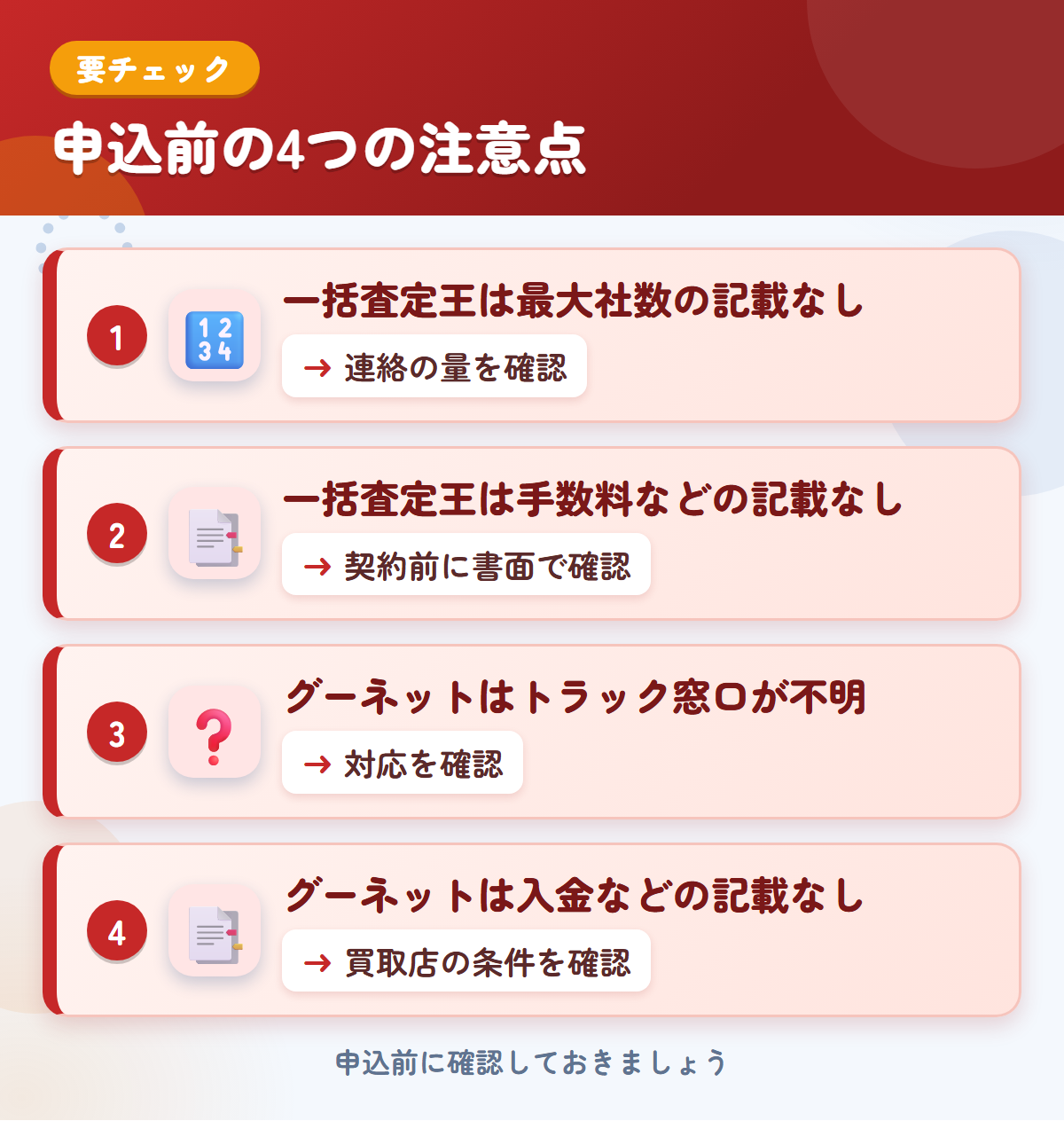一括査定王とグーネットの申込前の注意点4つ。一括査定王は最大社数の記載なし、一括査定王は手数料などの記載なし、グーネットはトラック窓口が不明、グーネットは入金などの記載なし