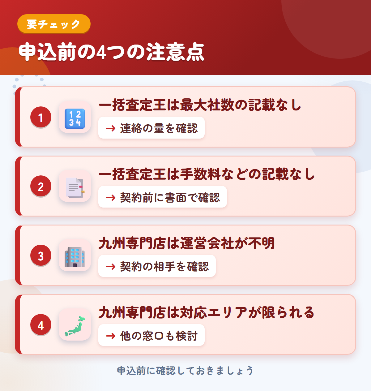 一括査定王と九州専門店の申込前の注意点4つ。一括査定王は最大社数の記載なし、一括査定王は手数料などの記載なし、九州専門店は運営会社が不明、九州専門店は対応エリアが限られる