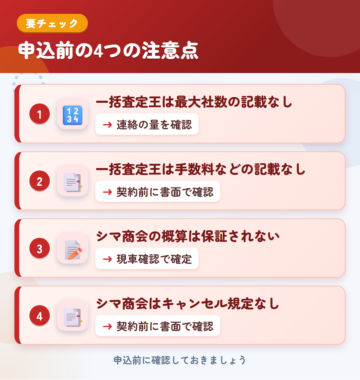 トラック一括査定王とシマ商会の申込前の注意点4つ。一括査定王は最大社数と手数料などの記載なし、シマ商会の概算は保証されない、キャンセル規定の記載なし