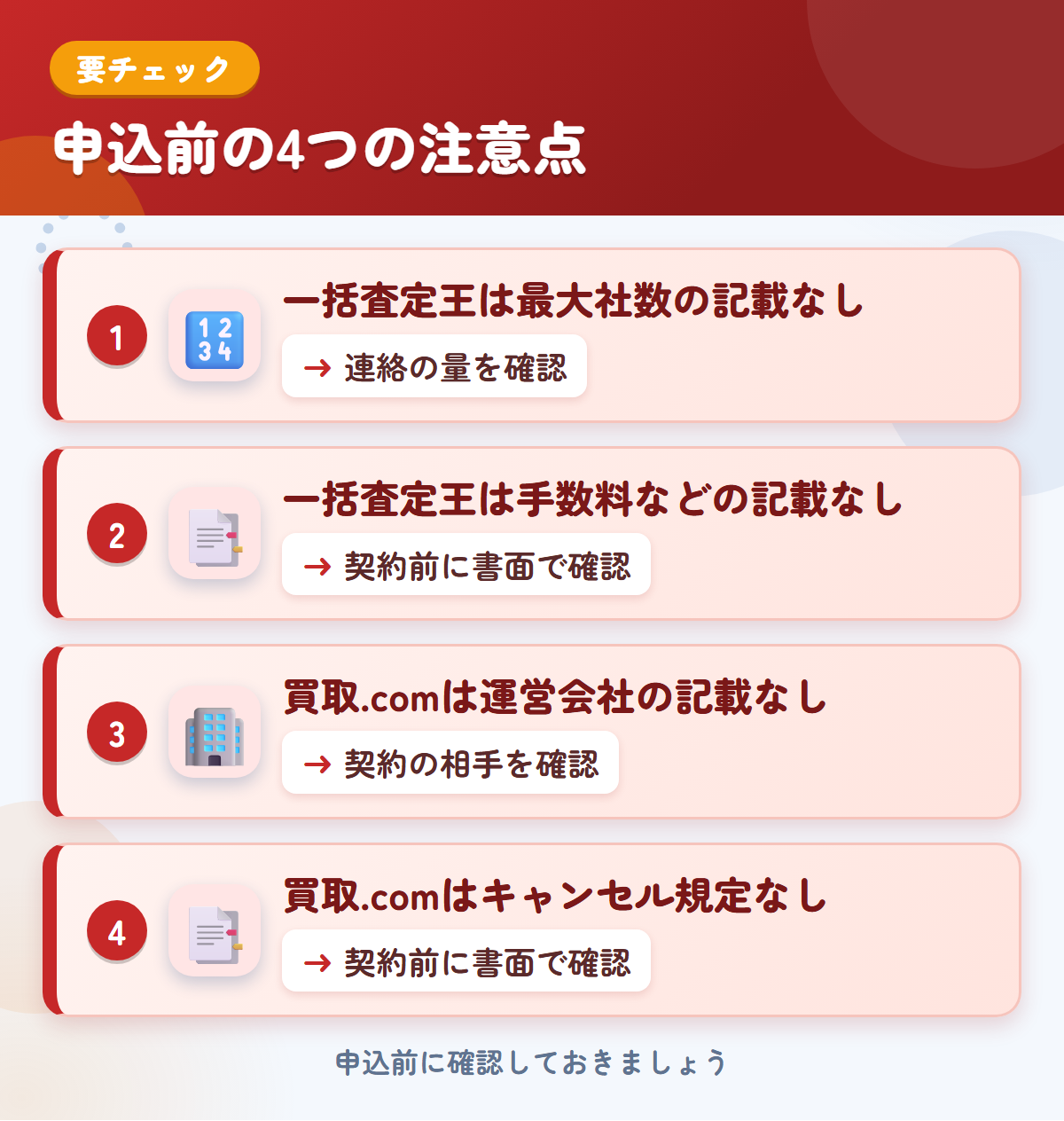 トラック一括査定王とトラック買取.comの申込前の注意点4つ。一括査定王は最大社数と手数料などの記載なし、トラック買取.comは運営会社とキャンセル規定の記載なし
