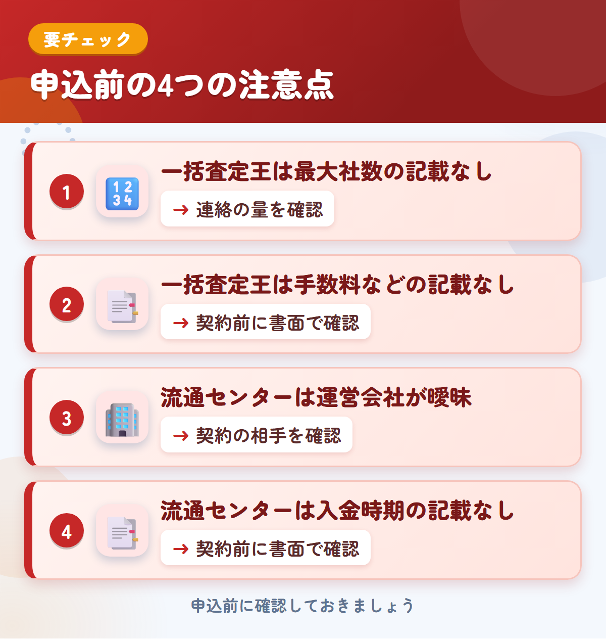 一括査定王と流通センターの申込前の注意点4つ。一括査定王は最大社数の記載なし、一括査定王は手数料などの記載なし、流通センターは運営会社が曖昧、流通センターは入金時期の記載なし