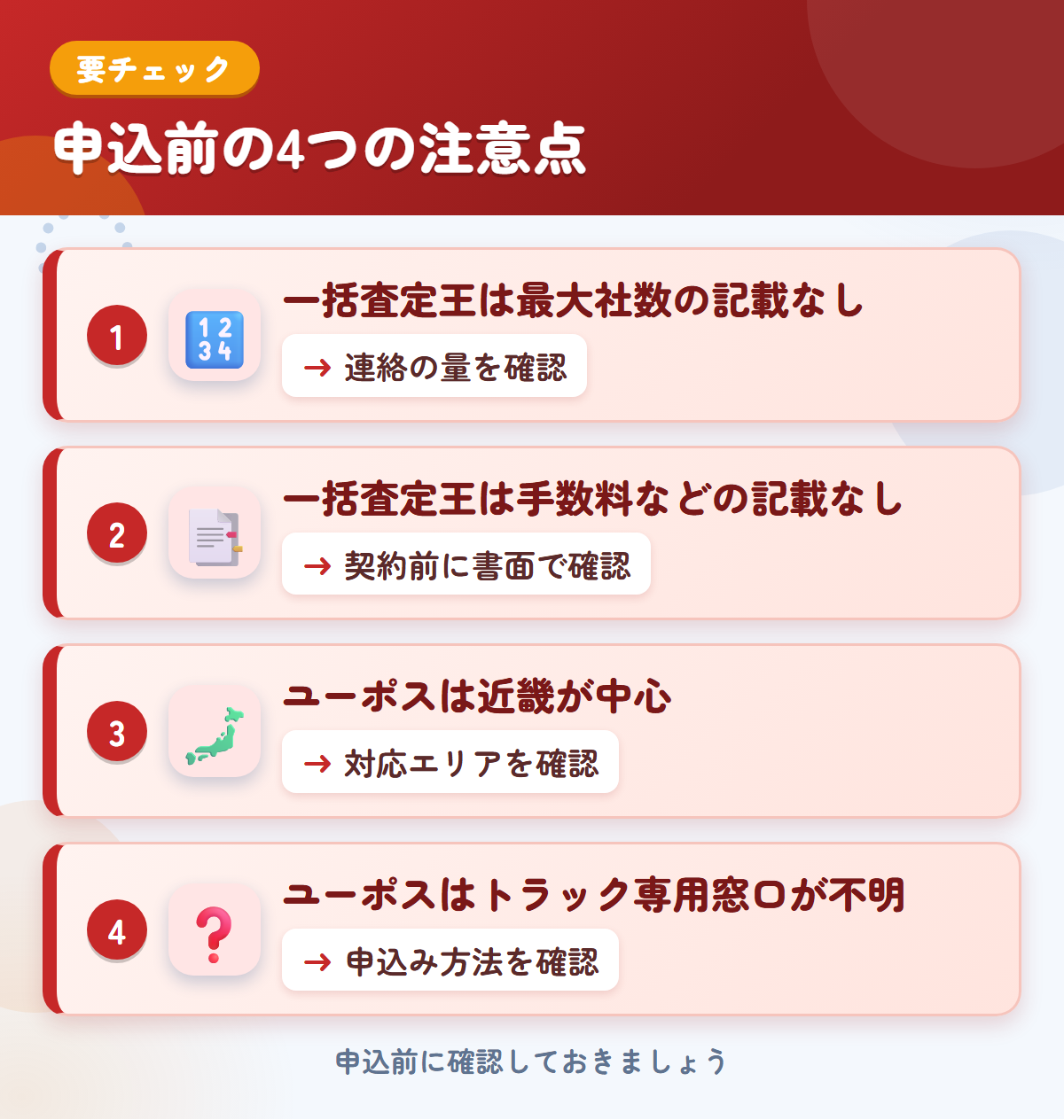 一括査定王とユーポスの申込前の注意点4つ。一括査定王は最大社数の記載なし、一括査定王は手数料などの記載なし、ユーポスは近畿が中心、ユーポスはトラック専用窓口が不明
