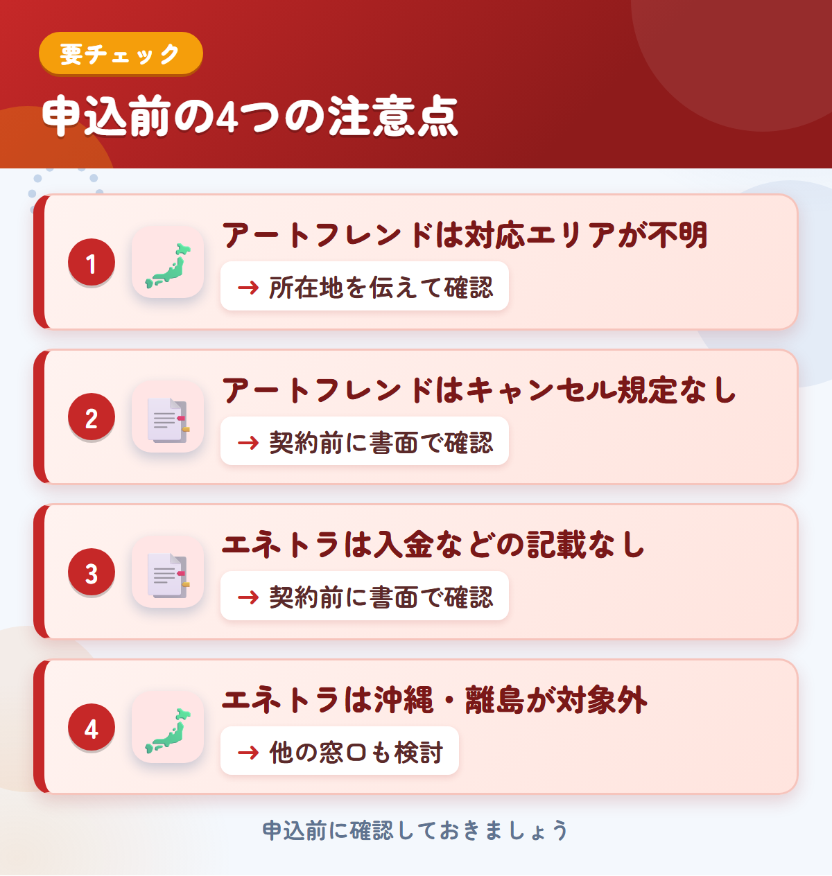 アートフレンドとエネトラの申込前の注意点4つ。アートフレンドは対応エリアが不明、アートフレンドはキャンセル規定なし、エネトラは入金などの記載なし、エネトラは沖縄・離島が対象外