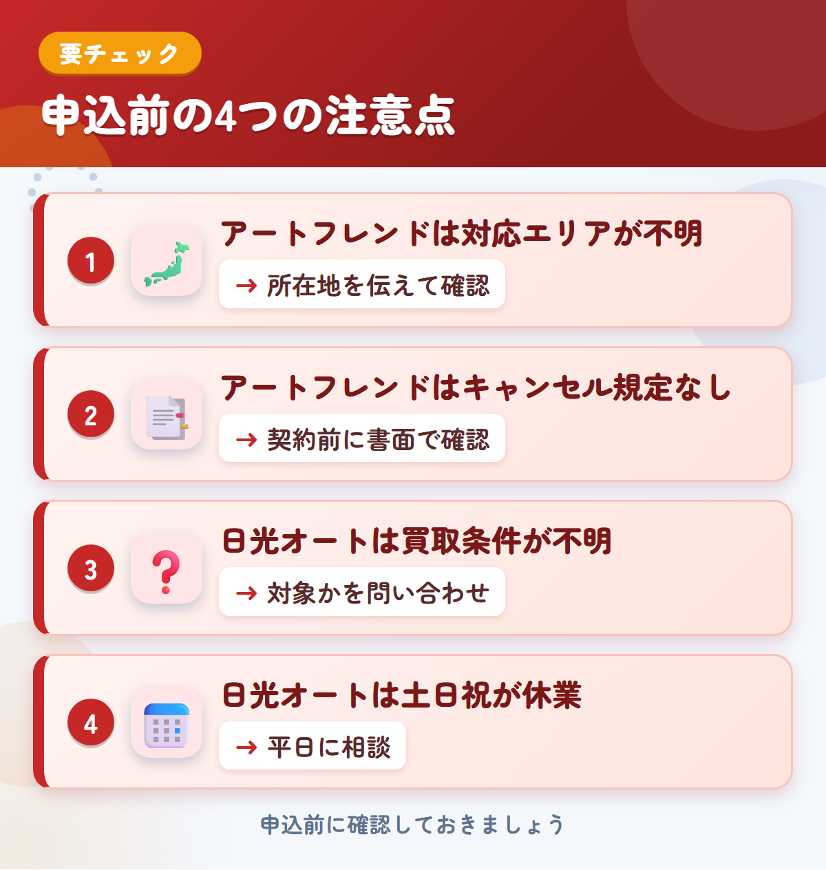 アートフレンドと日光オートの申込前の注意点4つ。アートフレンドは対応エリアが不明、アートフレンドはキャンセル規定なし、日光オートは買取条件が不明、日光オートは土日祝が休業