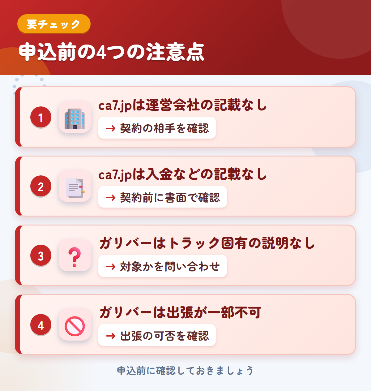 ca7.jpとガリバーの申込前の注意点4つ。ca7.jpは運営会社の記載なし、ca7.jpは入金などの記載なし、ガリバーはトラック固有の説明なし、ガリバーは出張が一部不可