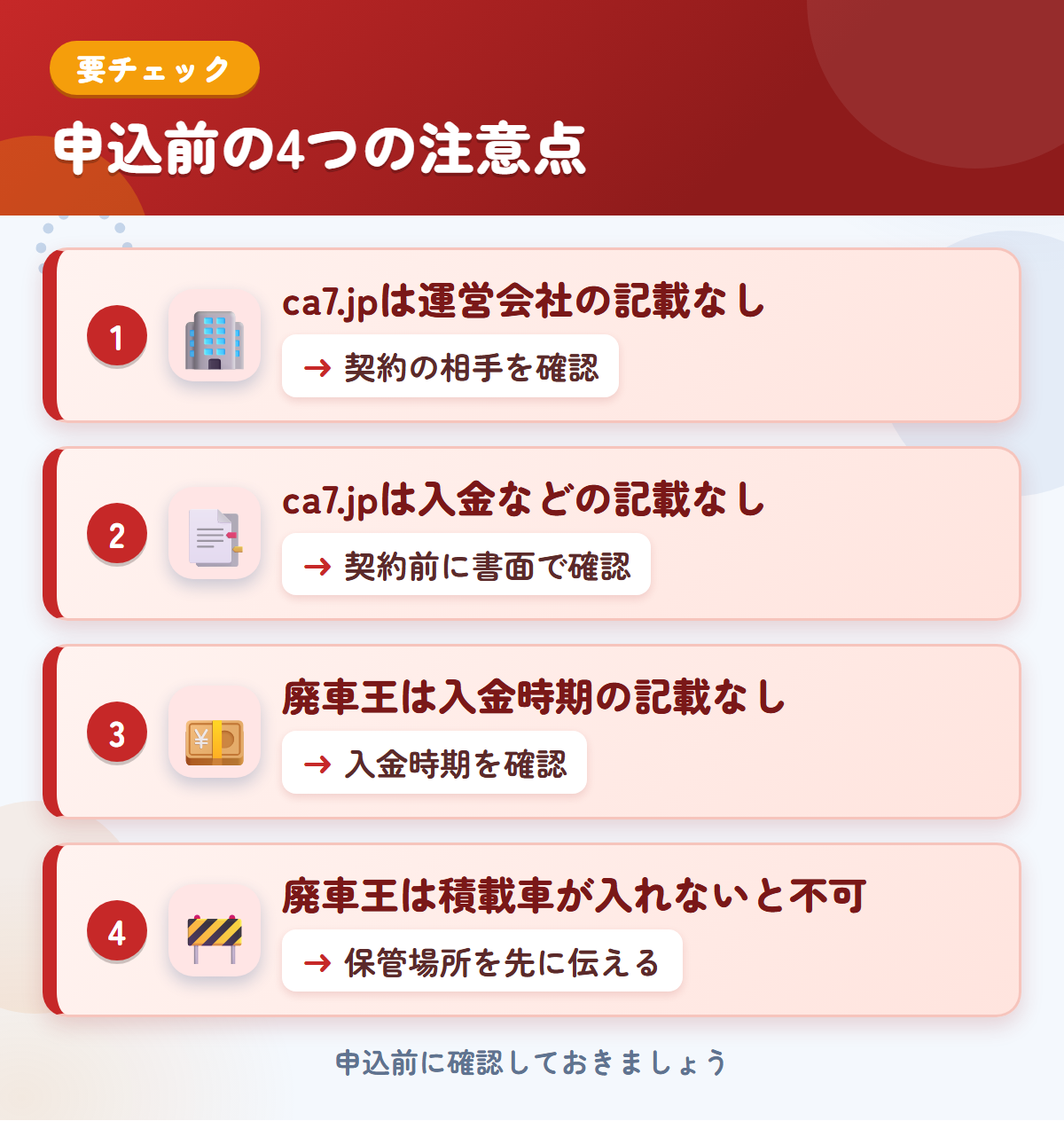 ca7.jpと廃車王の申込前の注意点4つ。ca7.jpは運営会社の記載なし、ca7.jpは入金などの記載なし、廃車王は入金時期の記載なし、廃車王は積載車が入れないと不可