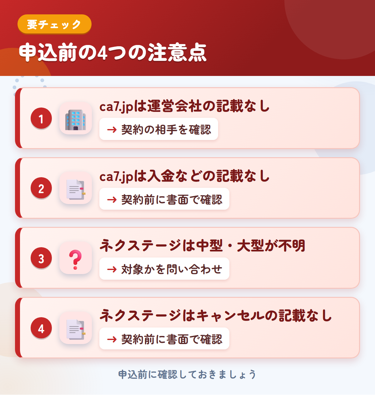 ca7.jpとネクステージの申込前の注意点4つ。ca7.jpは運営会社の記載なし、ca7.jpは入金などの記載なし、ネクステージは中型・大型が不明、ネクステージはキャンセルの記載なし