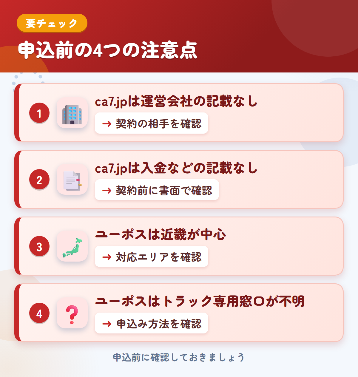 ca7.jpとユーポスの申込前の注意点4つ。ca7.jpは運営会社の記載なし、ca7.jpは入金などの記載なし、ユーポスは近畿が中心、ユーポスはトラック専用窓口が不明