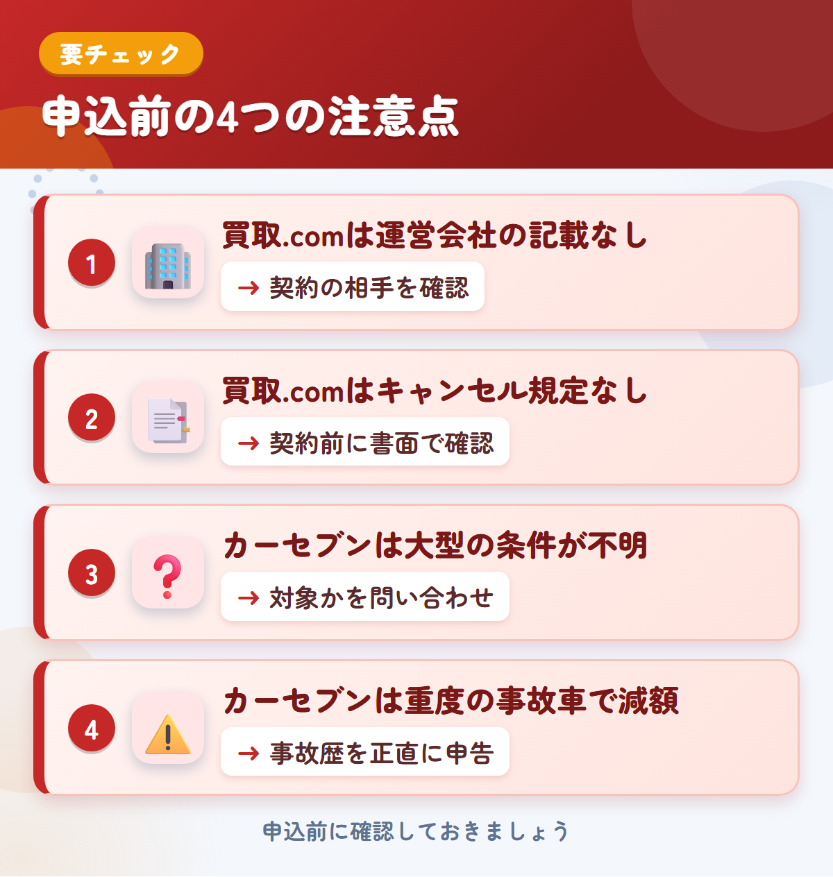 トラック買取.comとカーセブンの申込前の注意点4つ。買取.comは運営会社の記載なし、買取.comはキャンセル規定なし、カーセブンは大型の条件が不明、カーセブンは重度の事故車で減額