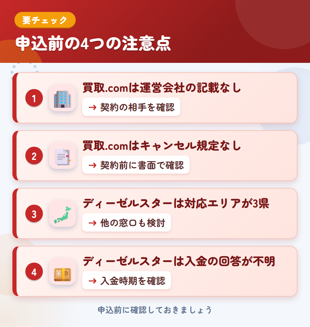 トラック買取.comとディーゼルスターの申込前の注意点4つ。買取.comは運営会社の記載なし、買取.comはキャンセル規定なし、ディーゼルスターは対応エリアが3県、ディーゼルスターは入金の回答が不明