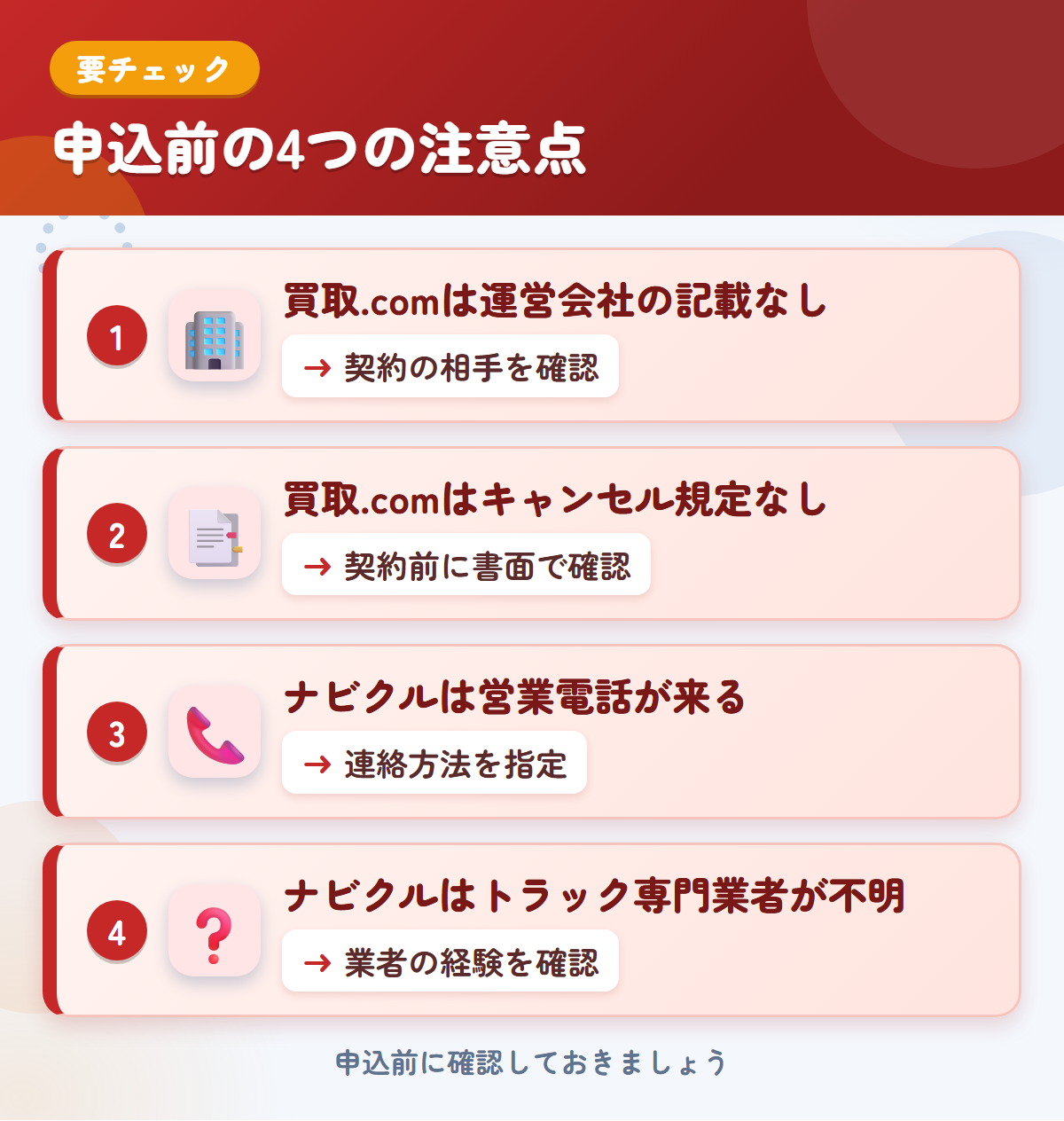 トラック買取.comとナビクルの申込前の注意点4つ。買取.comは運営会社の記載なし、買取.comはキャンセル規定なし、ナビクルは営業電話が来る、ナビクルはトラック専門業者が不明