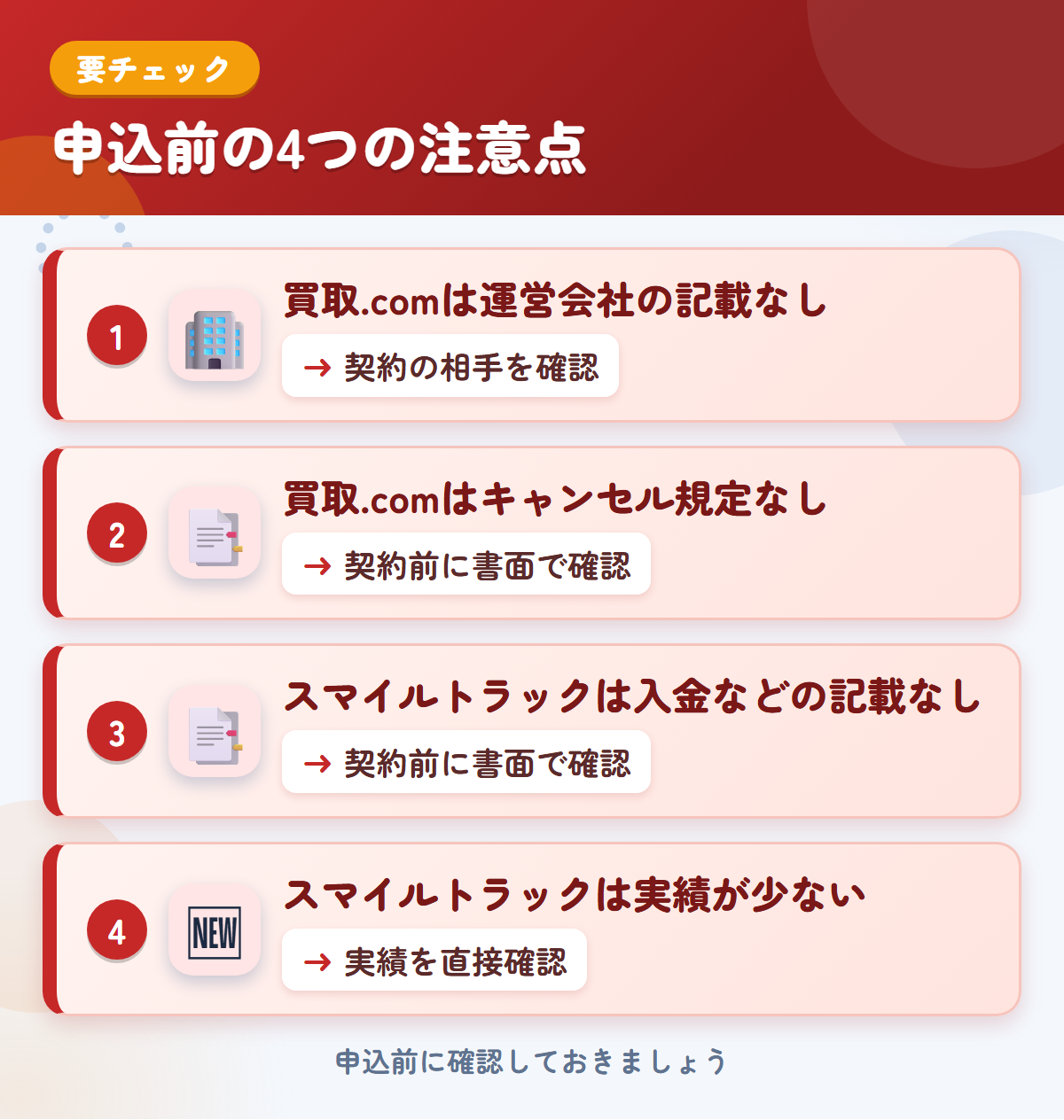 トラック買取.comとスマイルトラックの申込前の注意点4つ。買取.comは運営会社の記載なし、買取.comはキャンセル規定なし、スマイルトラックは入金などの記載なし、スマイルトラックは実績が少ない
