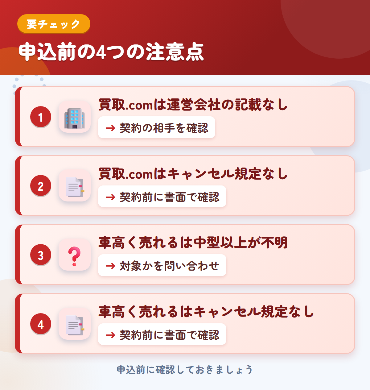 トラック買取.comと車高く売れるの申込前の注意点4つ。買取.comは運営会社の記載なし、買取.comはキャンセル規定なし、車高く売れるは中型以上が不明、車高く売れるはキャンセル規定なし