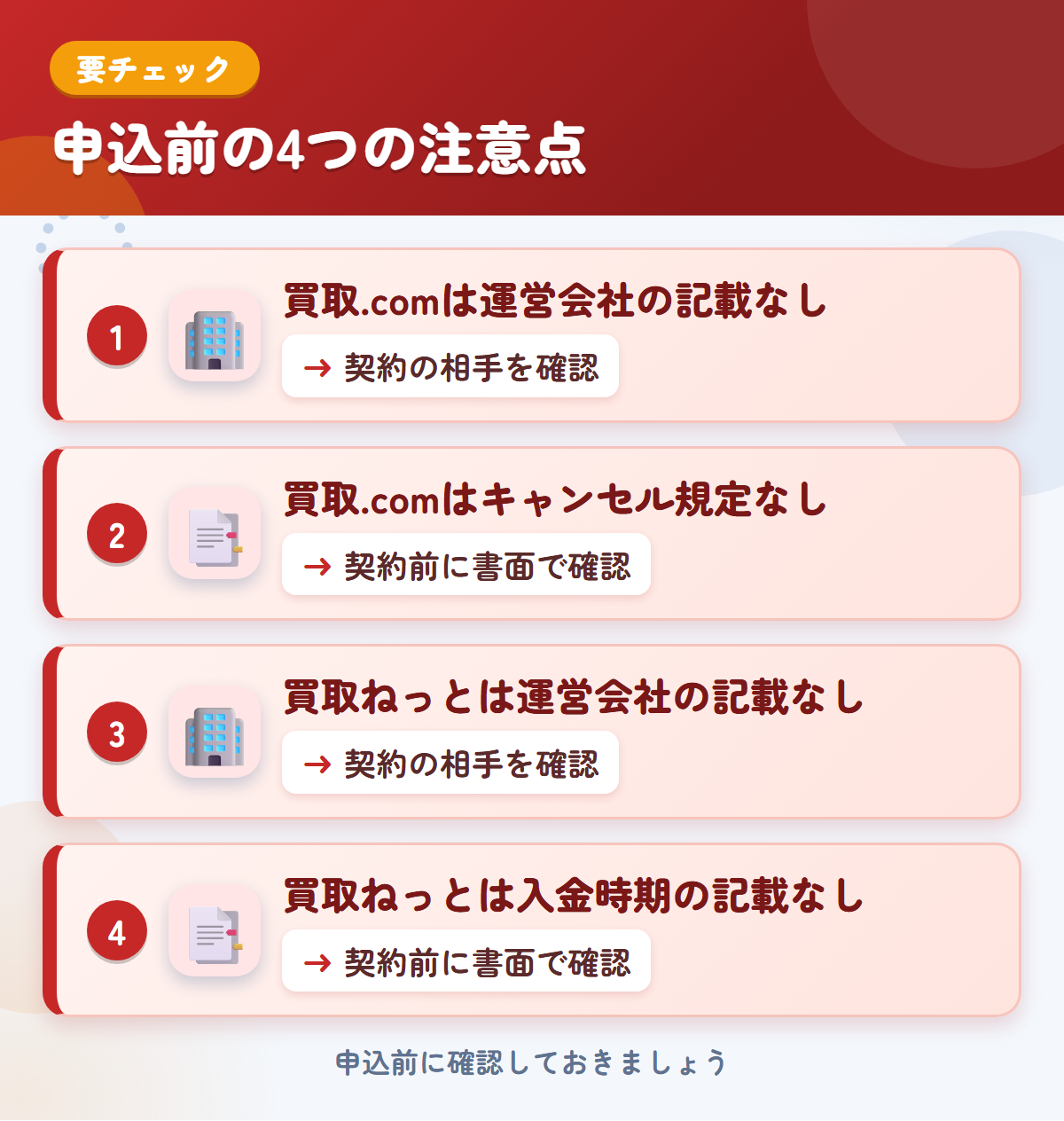 トラック買取.comと買取ねっとの申込前の注意点4つ。買取.comは運営会社の記載なし、買取.comはキャンセル規定なし、買取ねっとは運営会社の記載なし、買取ねっとは入金時期の記載なし